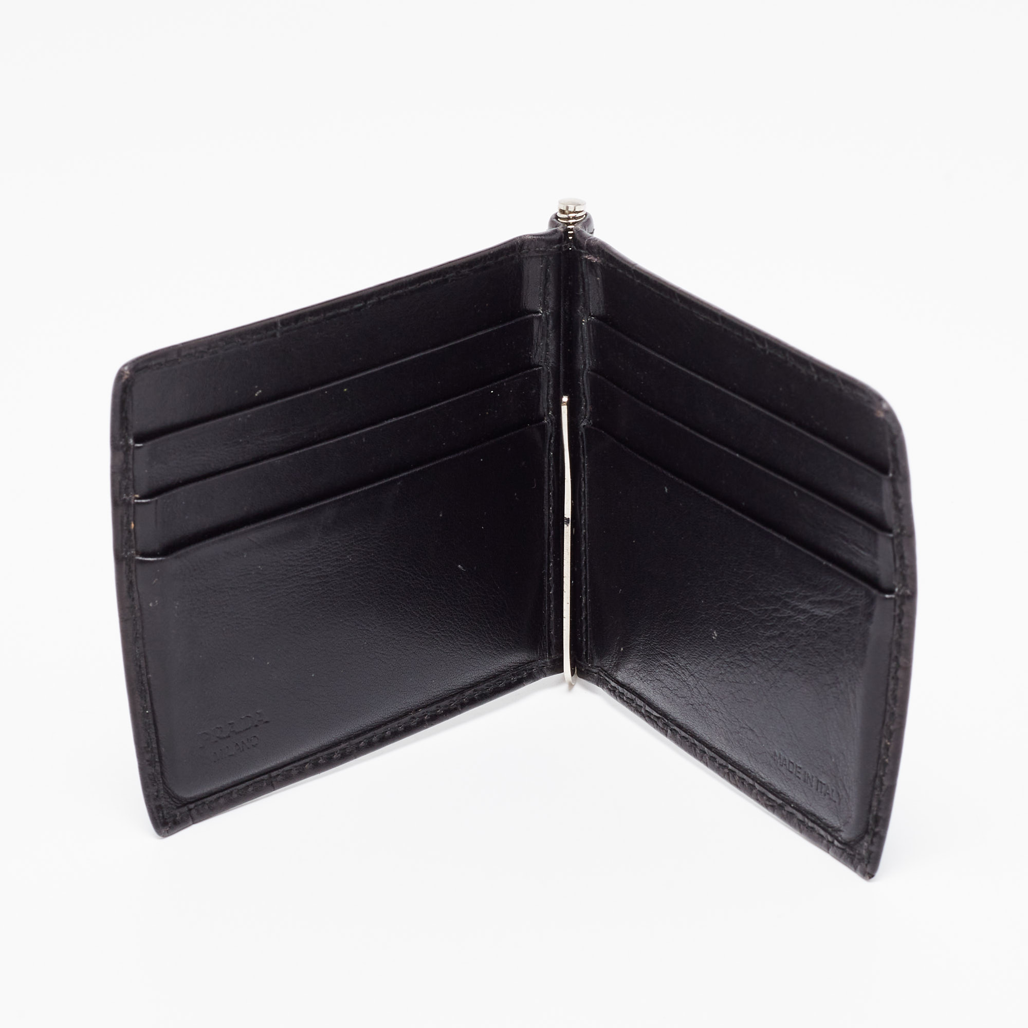 

Prada Black Croc Embossed Leather Money Clip Bifold Wallet
