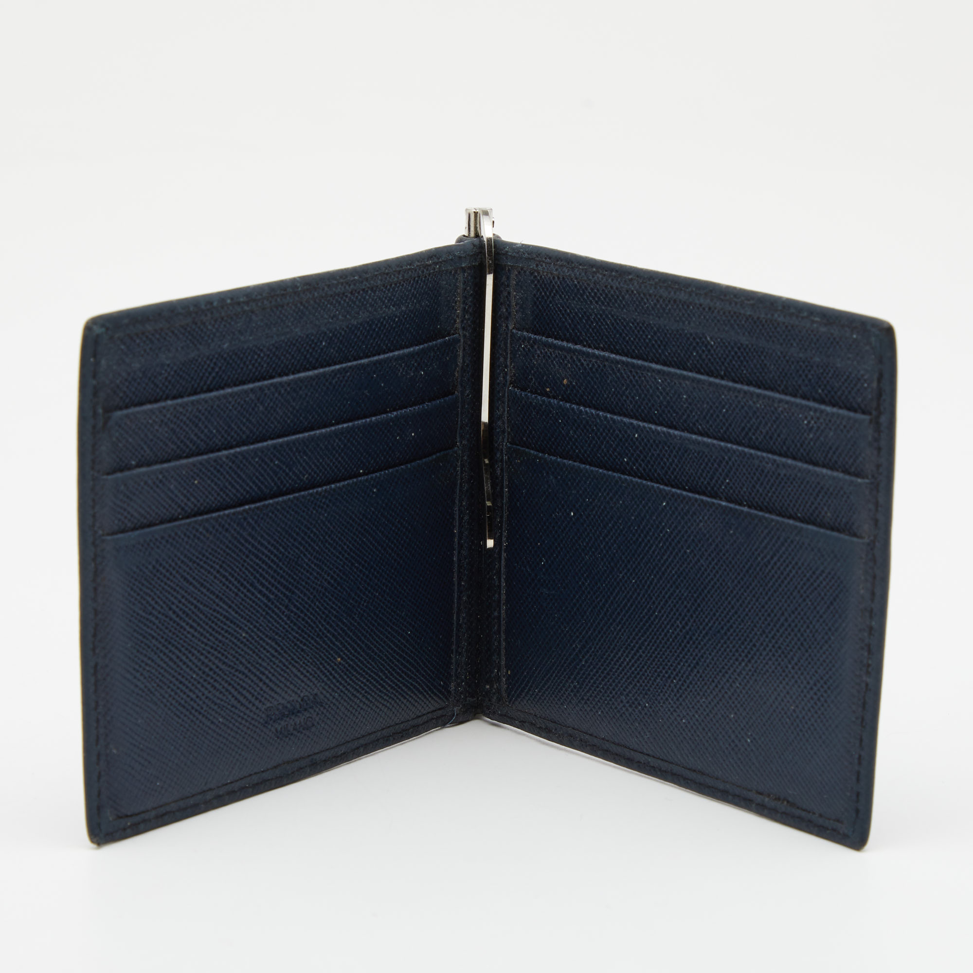 

Prada Navy Blue Saffiano Leather Money Clip Bifold Wallet