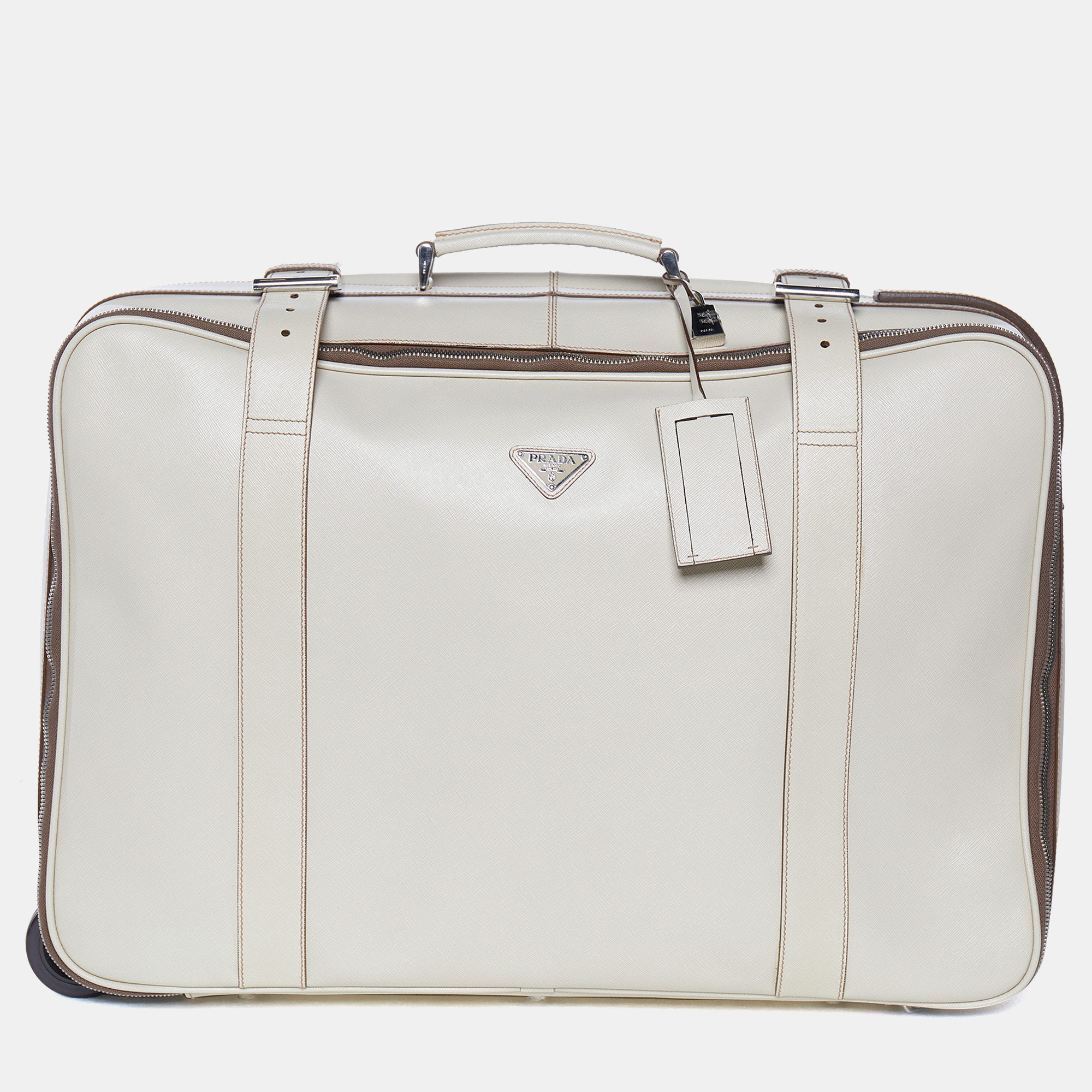 Pre-owned Prada Off White Saffiano Travel Valigia Suitcase