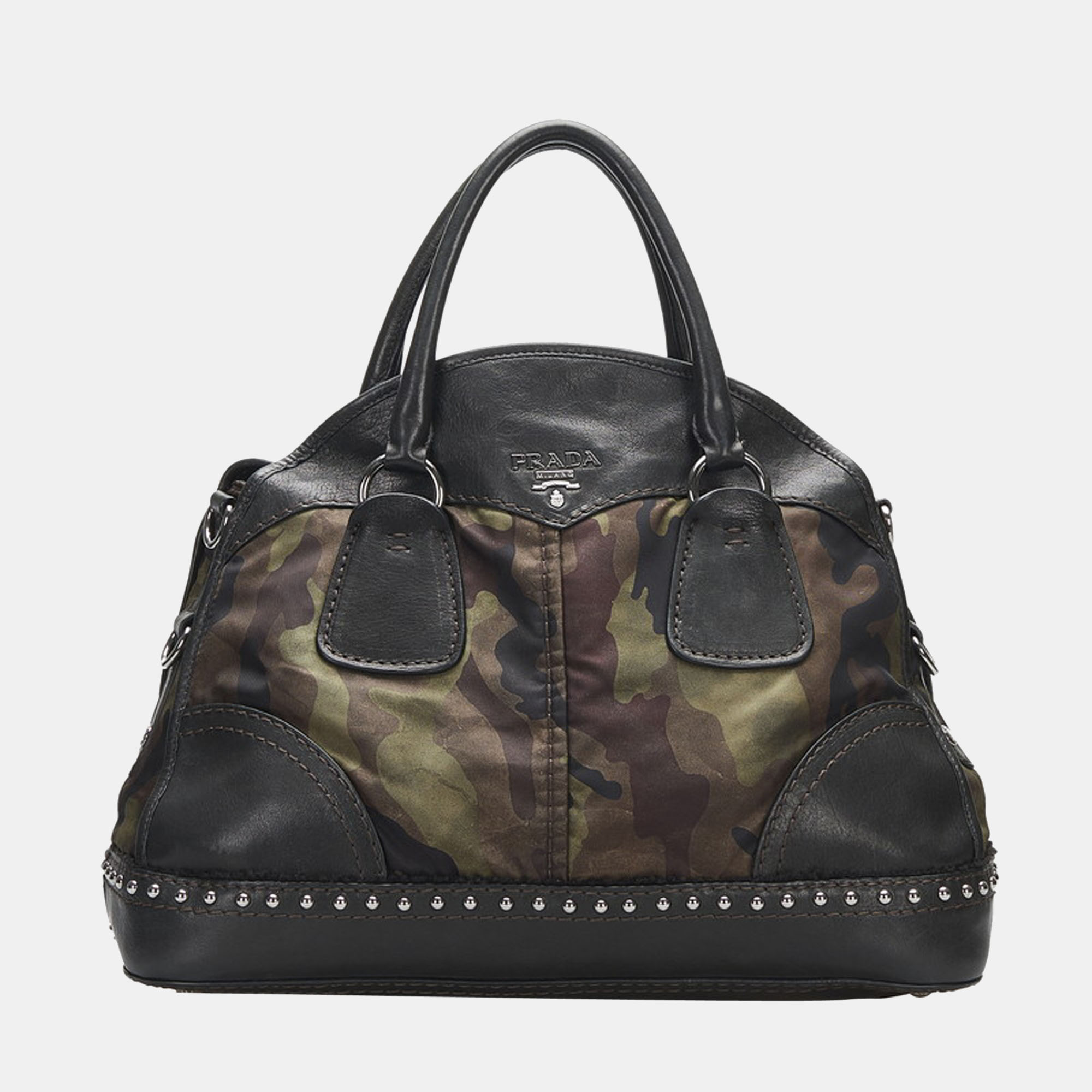 Pre-owned Prada Camouflage Tessuto Nylon And Leather Bowler Bag In Black