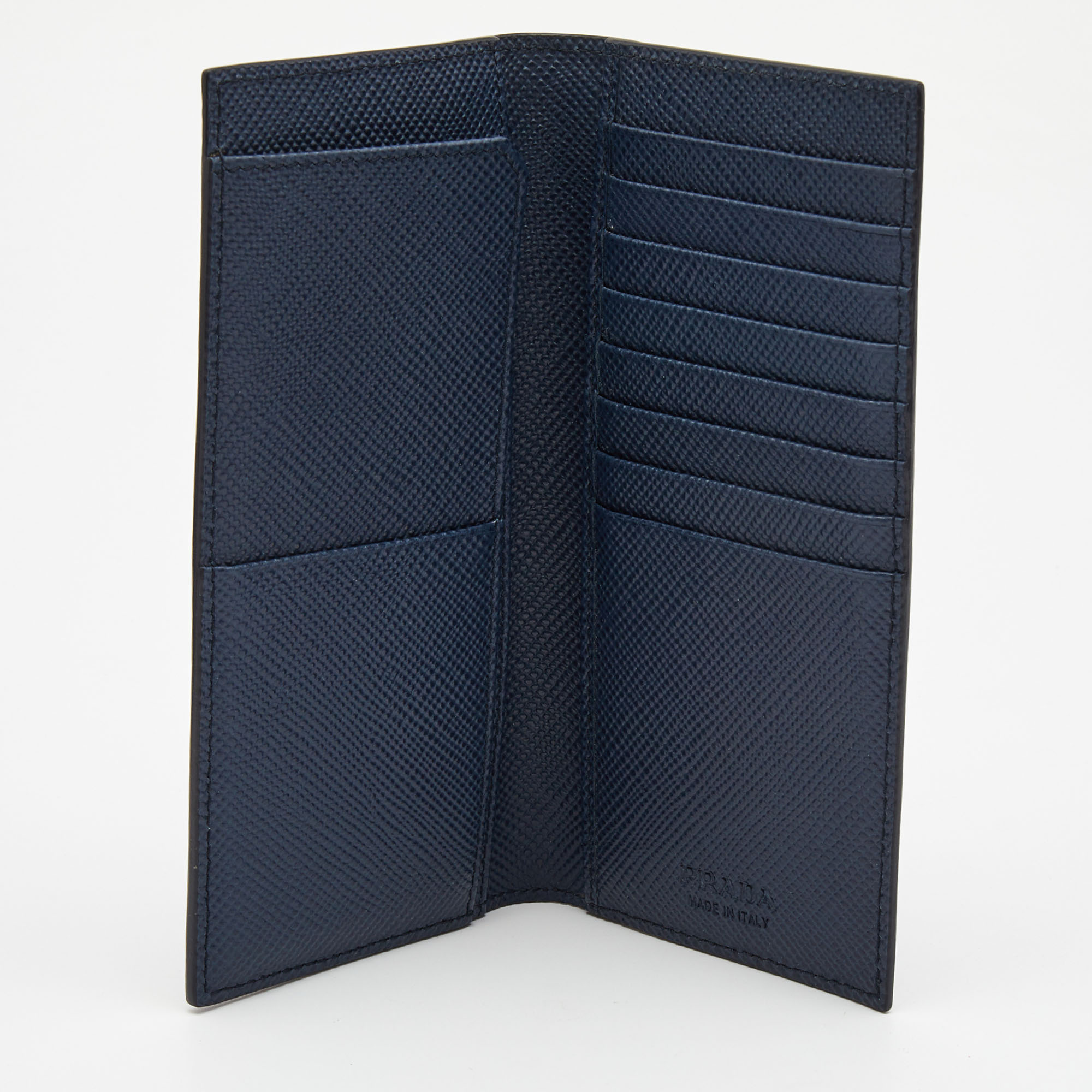 

Prada Navy Blue Saffiano Metal Leather Vertical Bifold Wallet