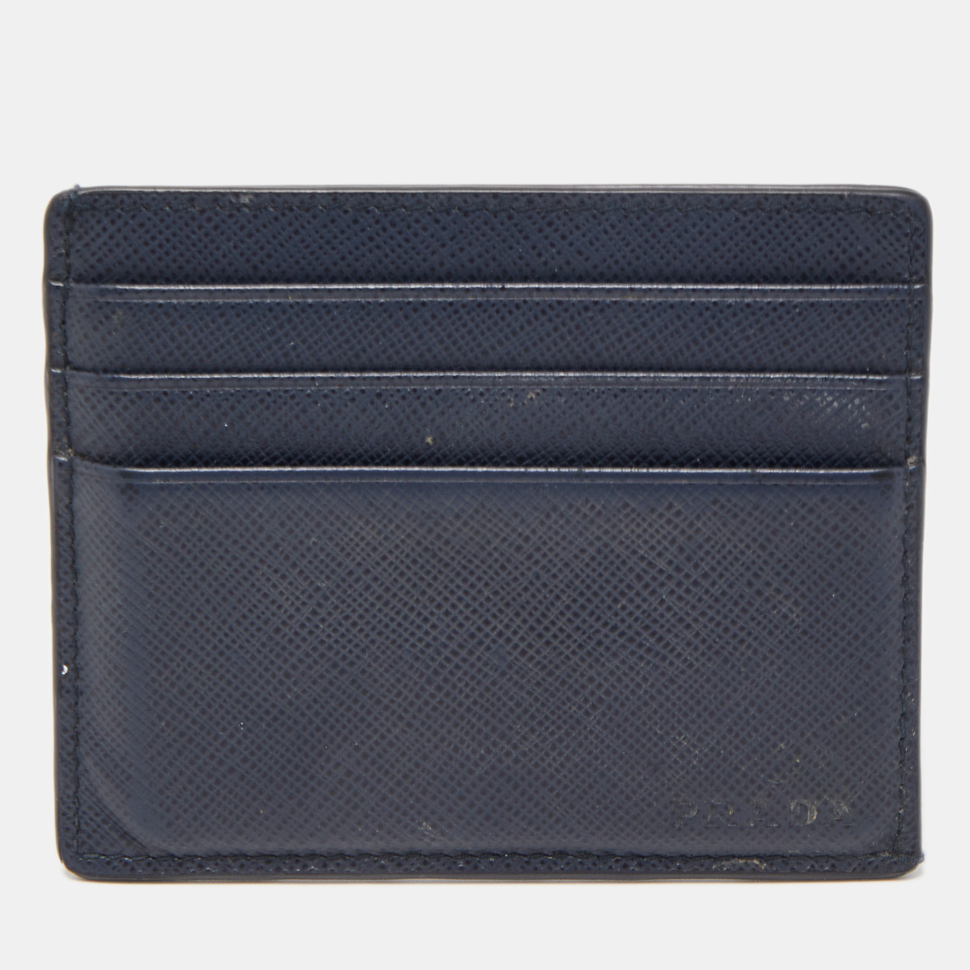 Pre-owned Prada Navy Blue Saffiano Metal Leather Card Holder