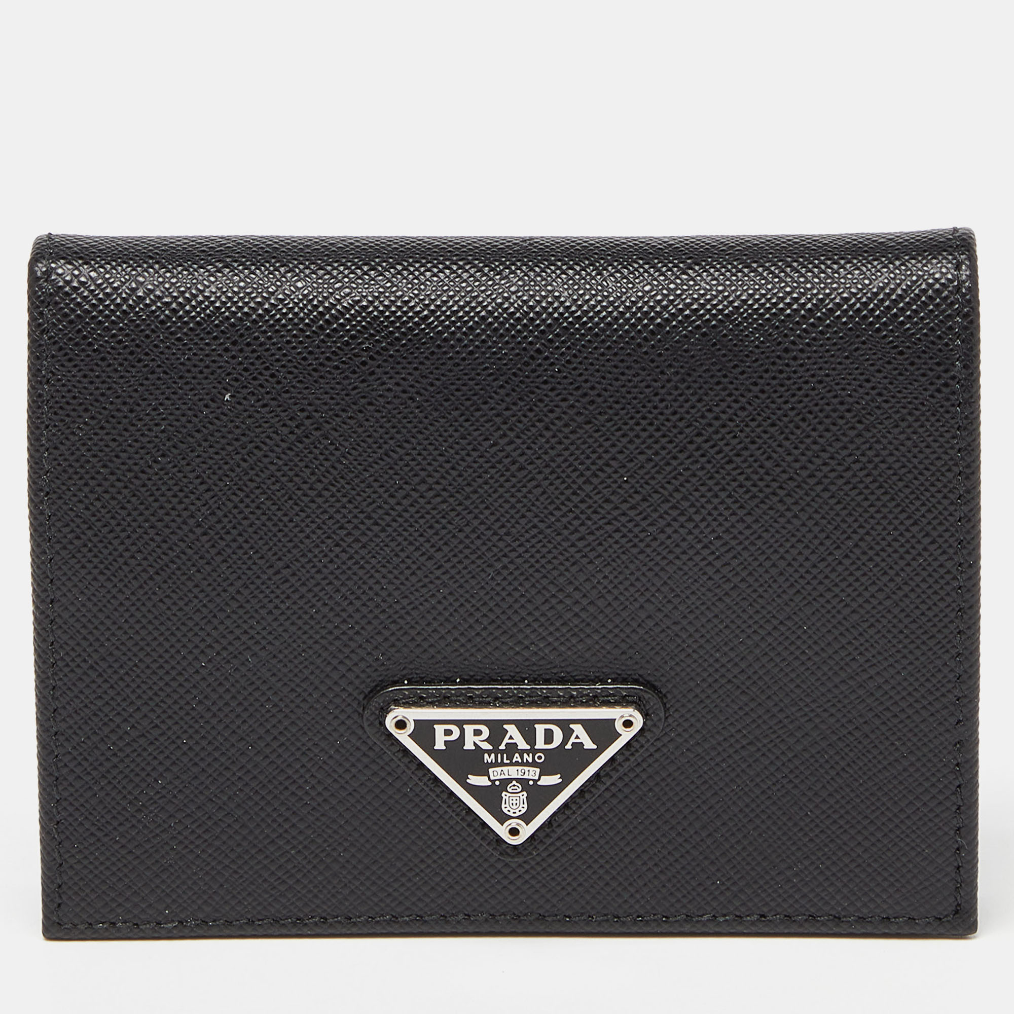 Pre Owned Prada Black Saffiano Leather Logo Flap Card Case
