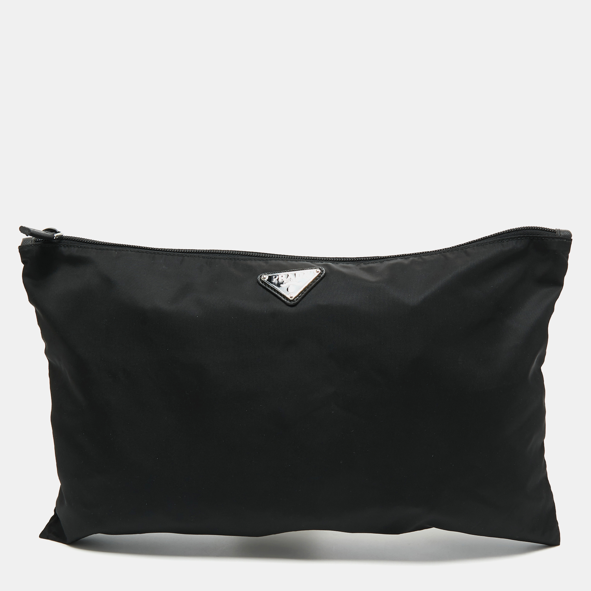 Prada Black Nylon and Leather Logo Slim Pouch 