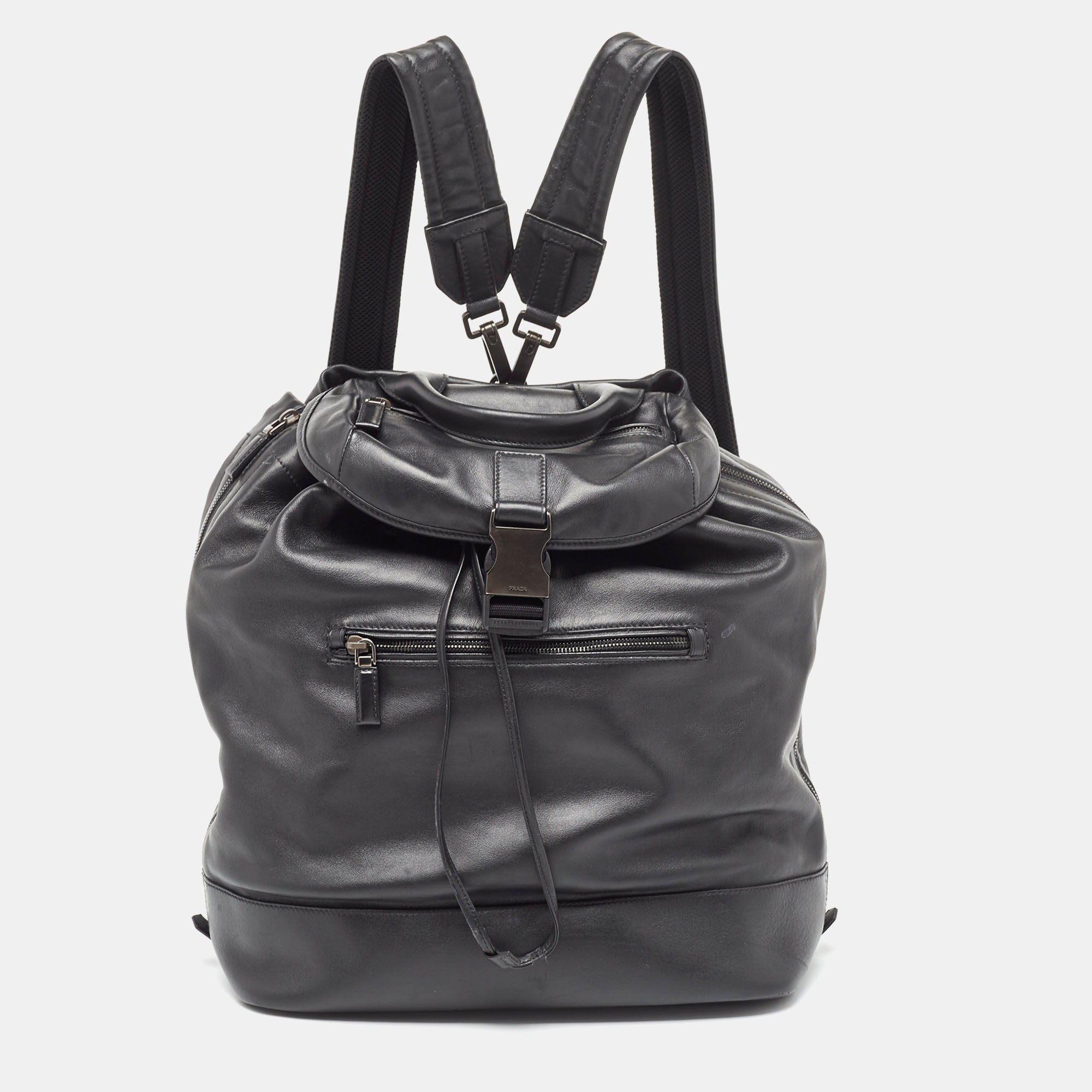 Pre-owned Prada Black Soft Leather Drawstring Backpack