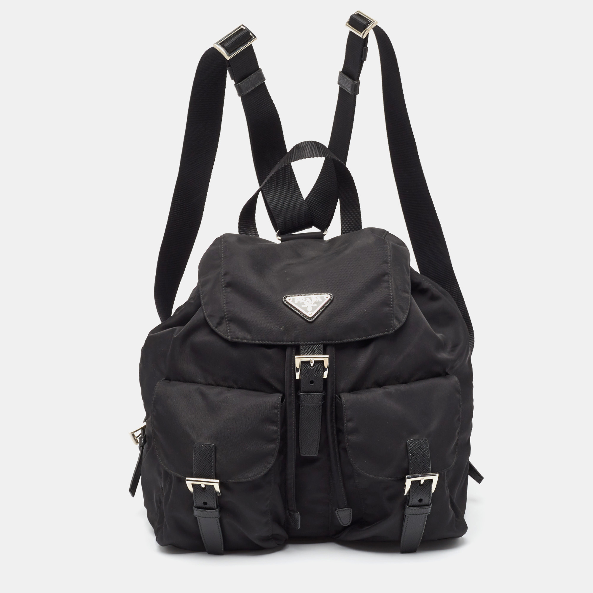 Prada Black Nylon Double Pocket Drawstring Backpack