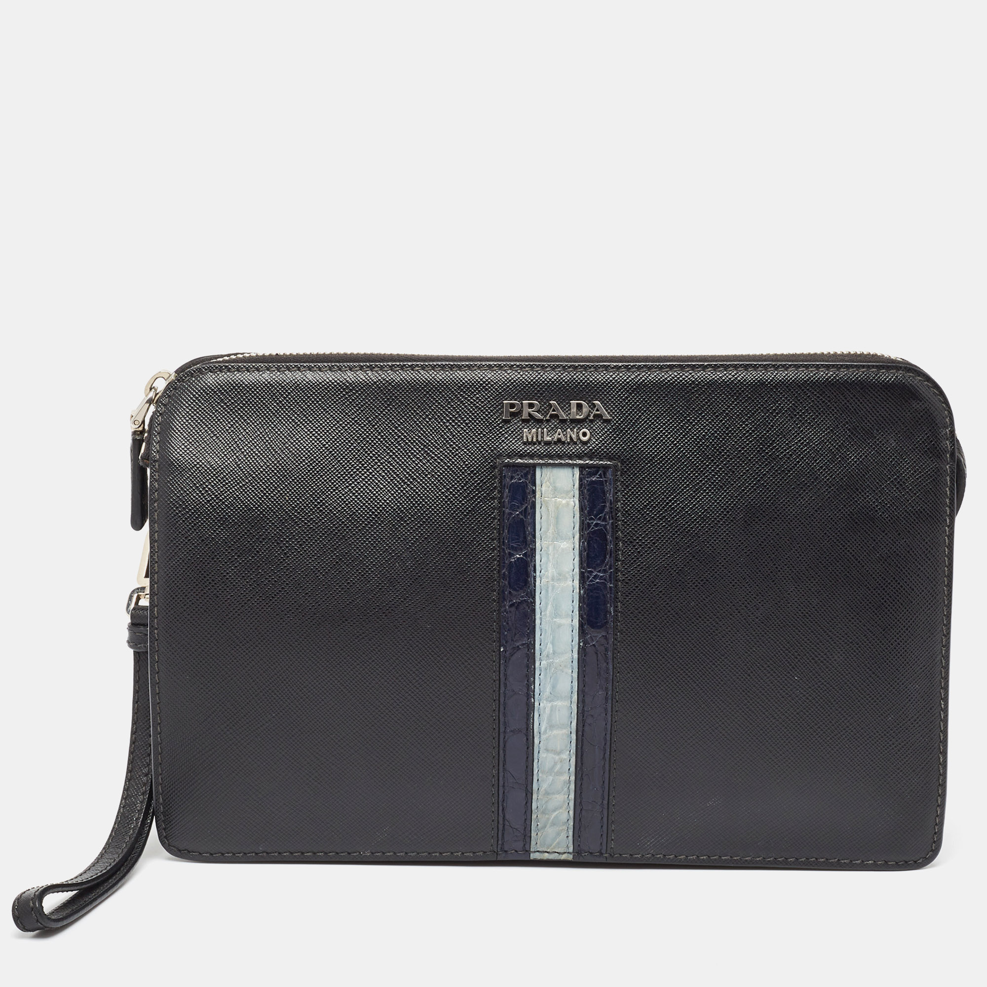 

Prada Black Saffiano Leather and Alligator Zip Pouch