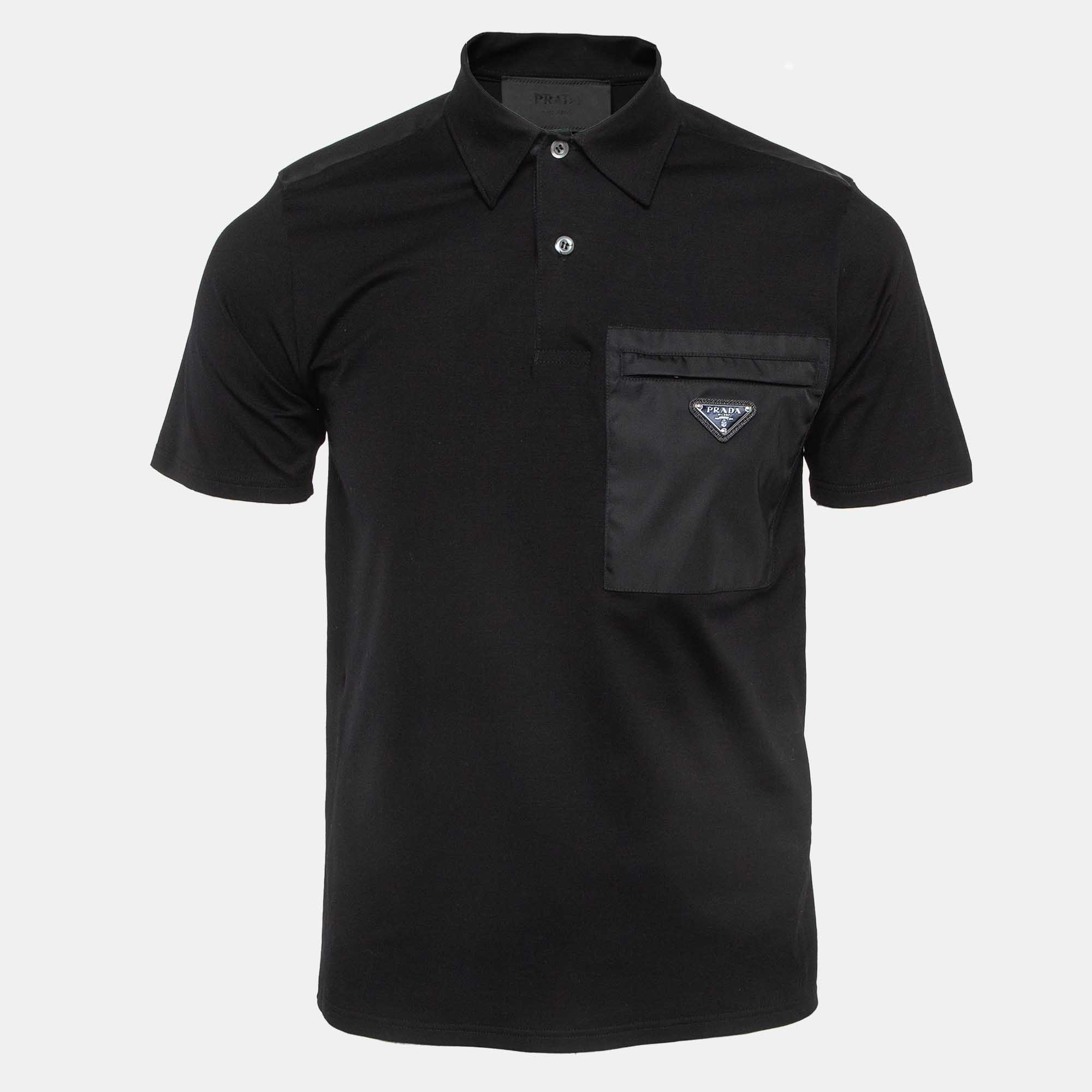 

Prada Black Stretch Cotton Re-Nylon Detail Pocket Polo T-Shirt S