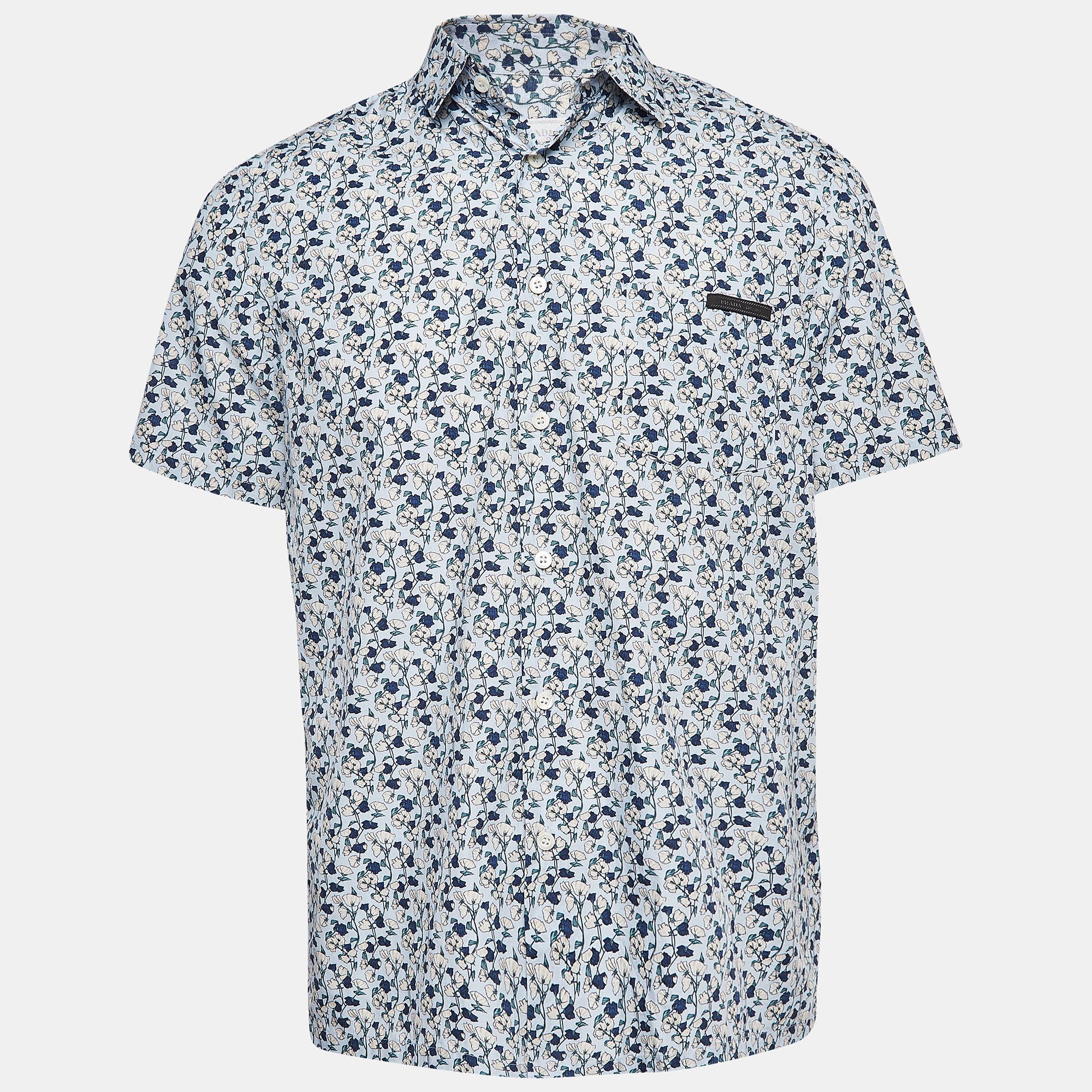 Pre-owned Prada Blue Floral Print Cotton Short Sleeve Shirt L