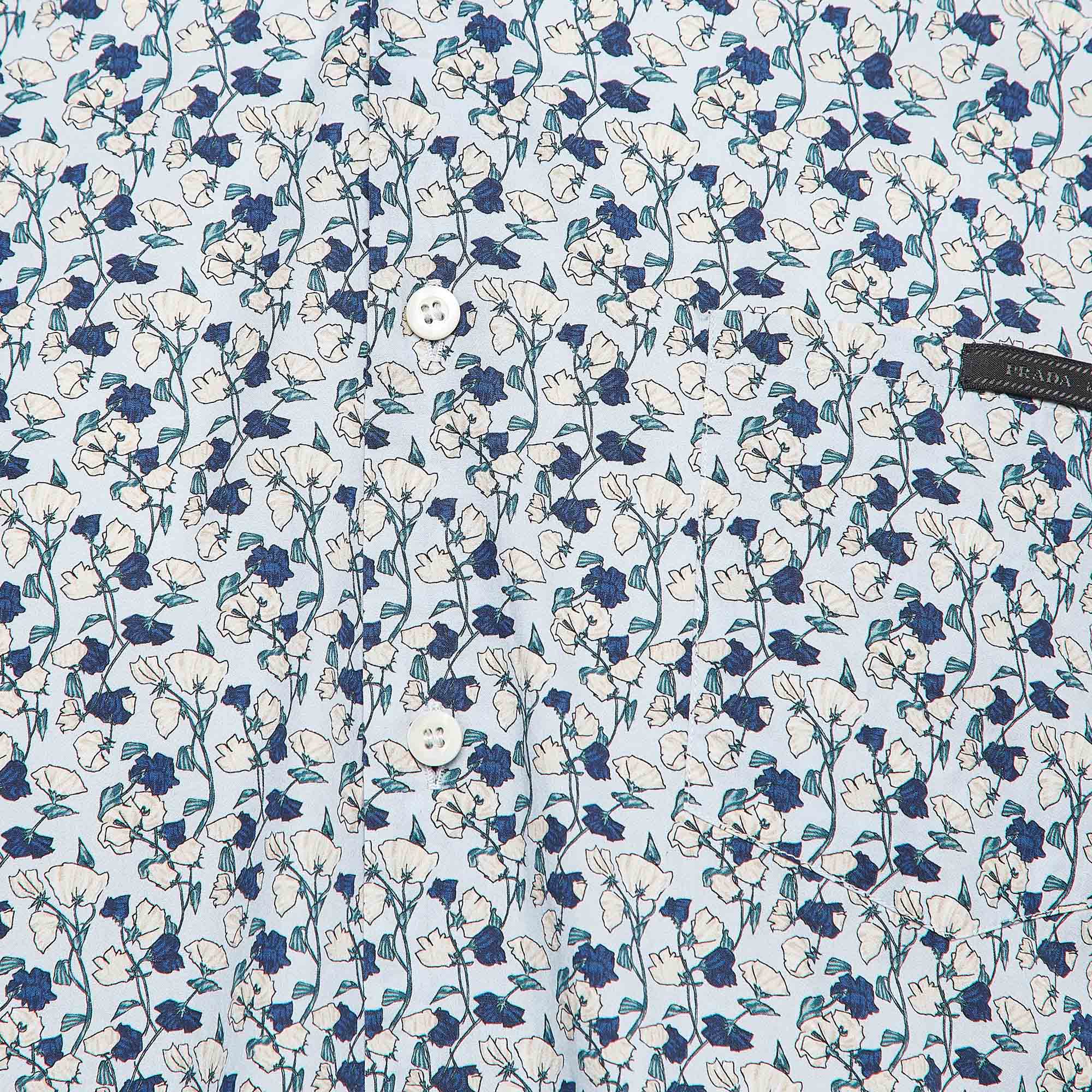Prada Blue Floral Print Cotton Short Sleeve Shirt L 