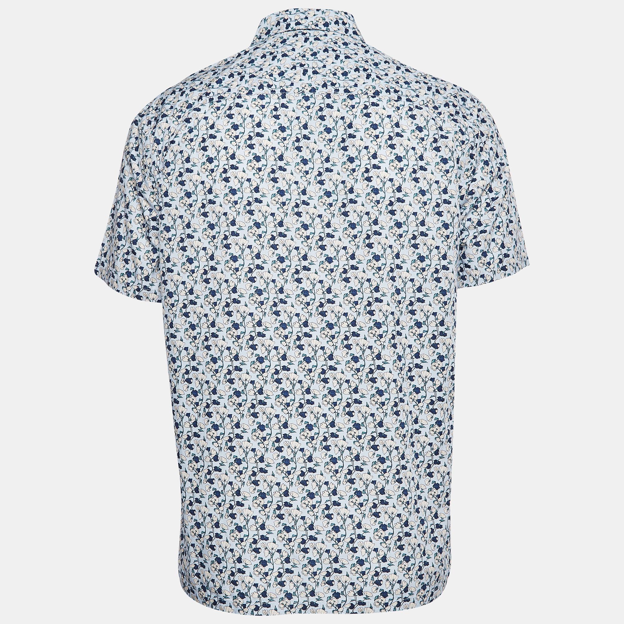 Prada Blue Floral Print Cotton Short Sleeve Shirt L 