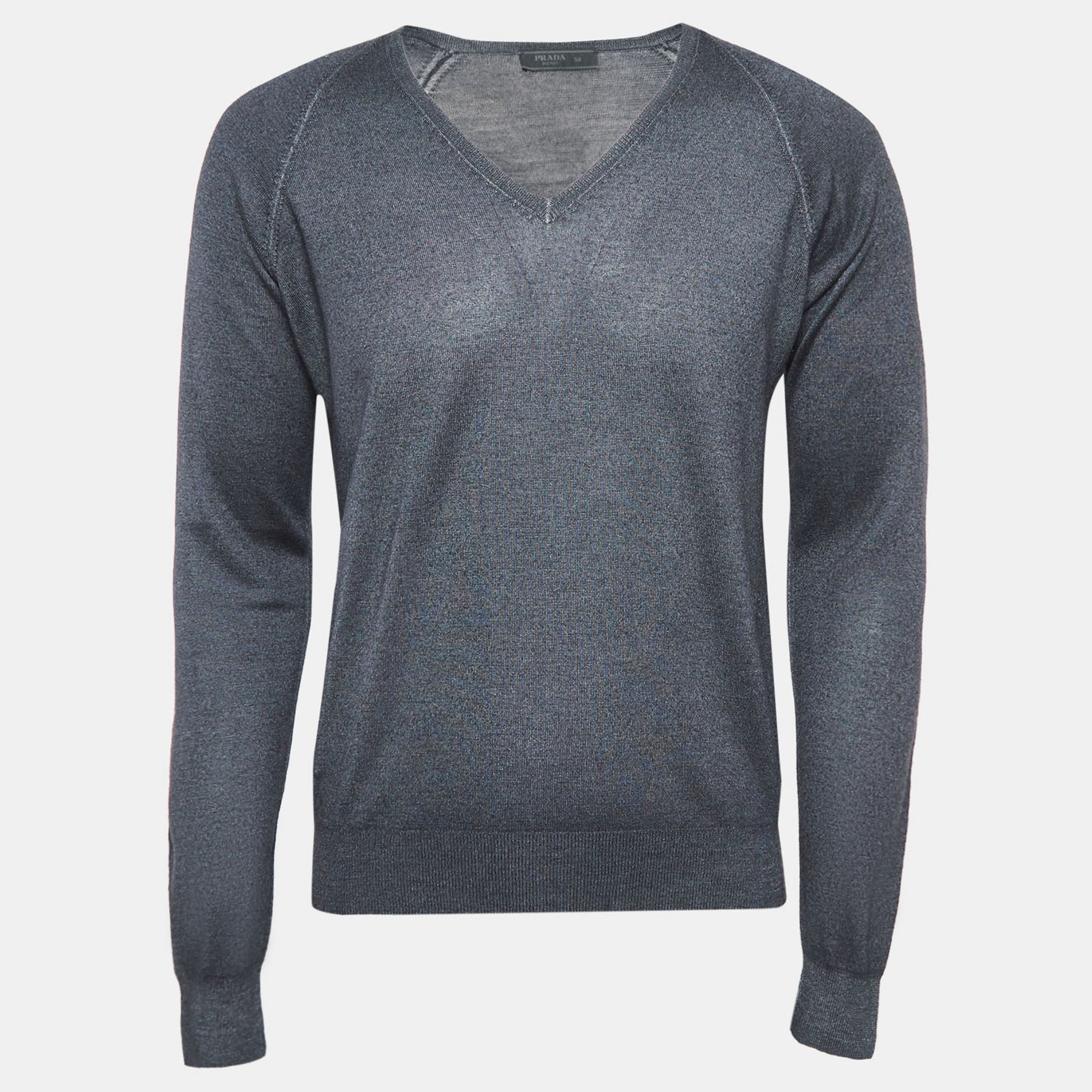 Pre-owned Prada Grey Wool Blend Knit V-neck Sweater L