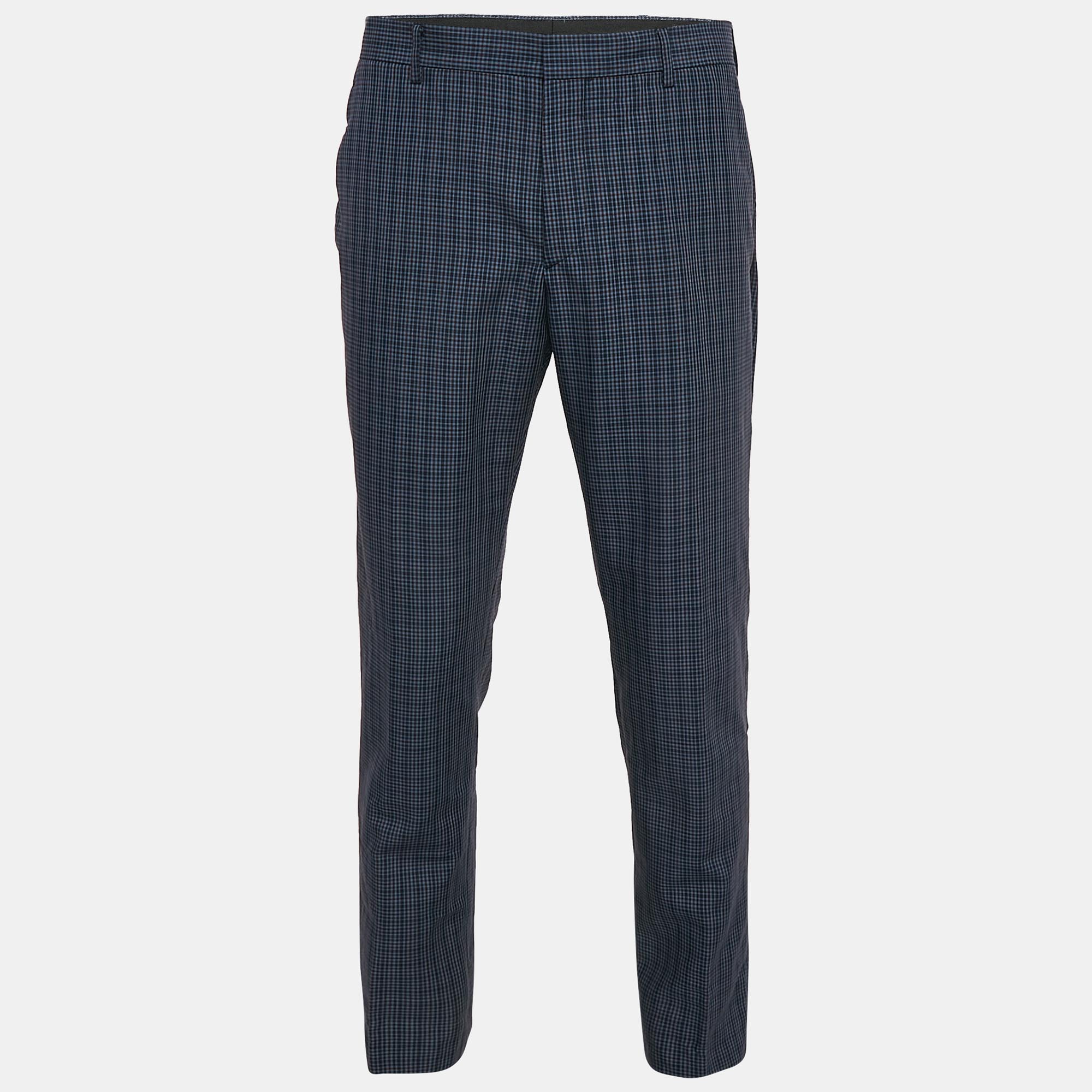 

Prada Blue Checked Wool Regular Fit Trousers L