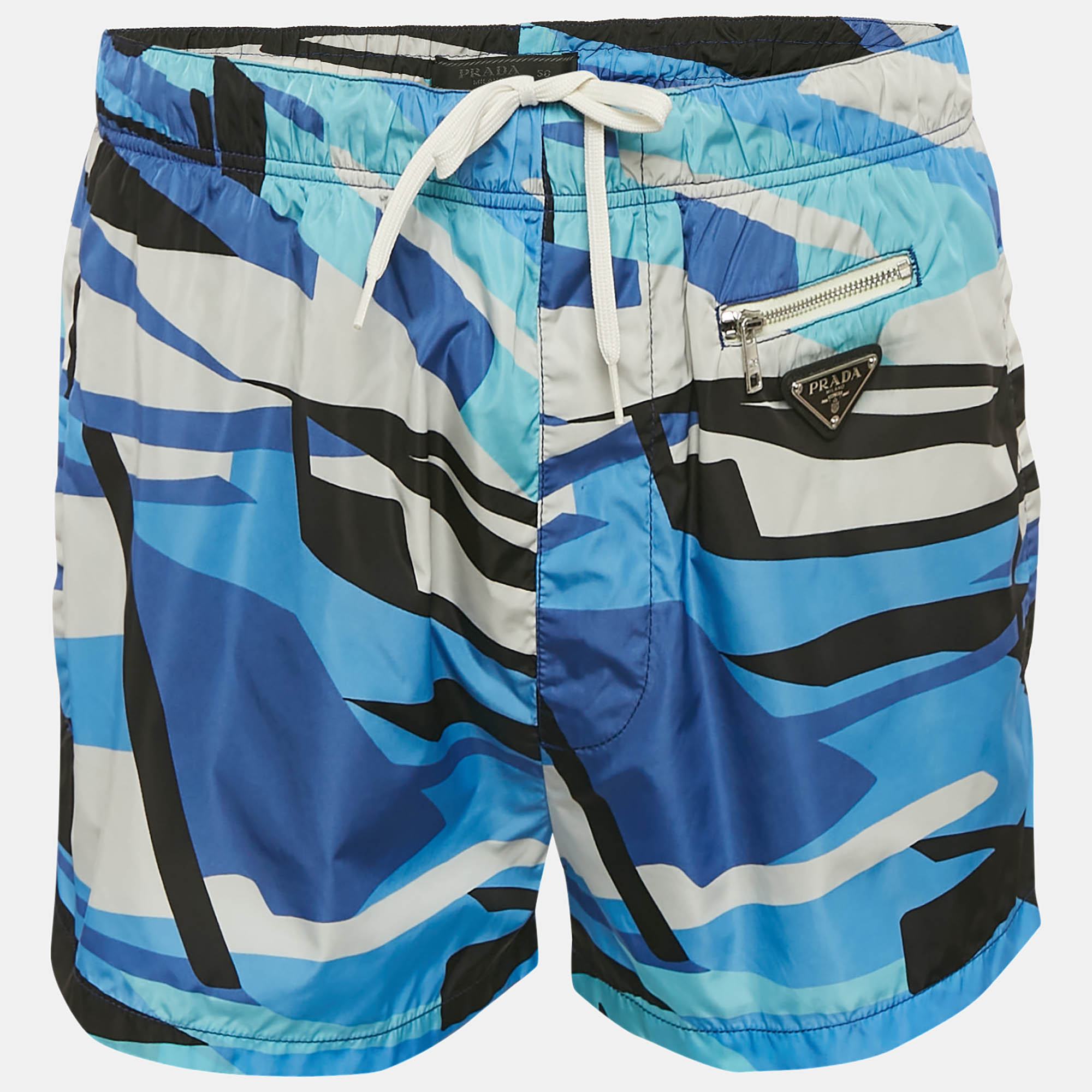 

Prada Blue Printed Nylon Triangle Logo Detail Swim Shorts L