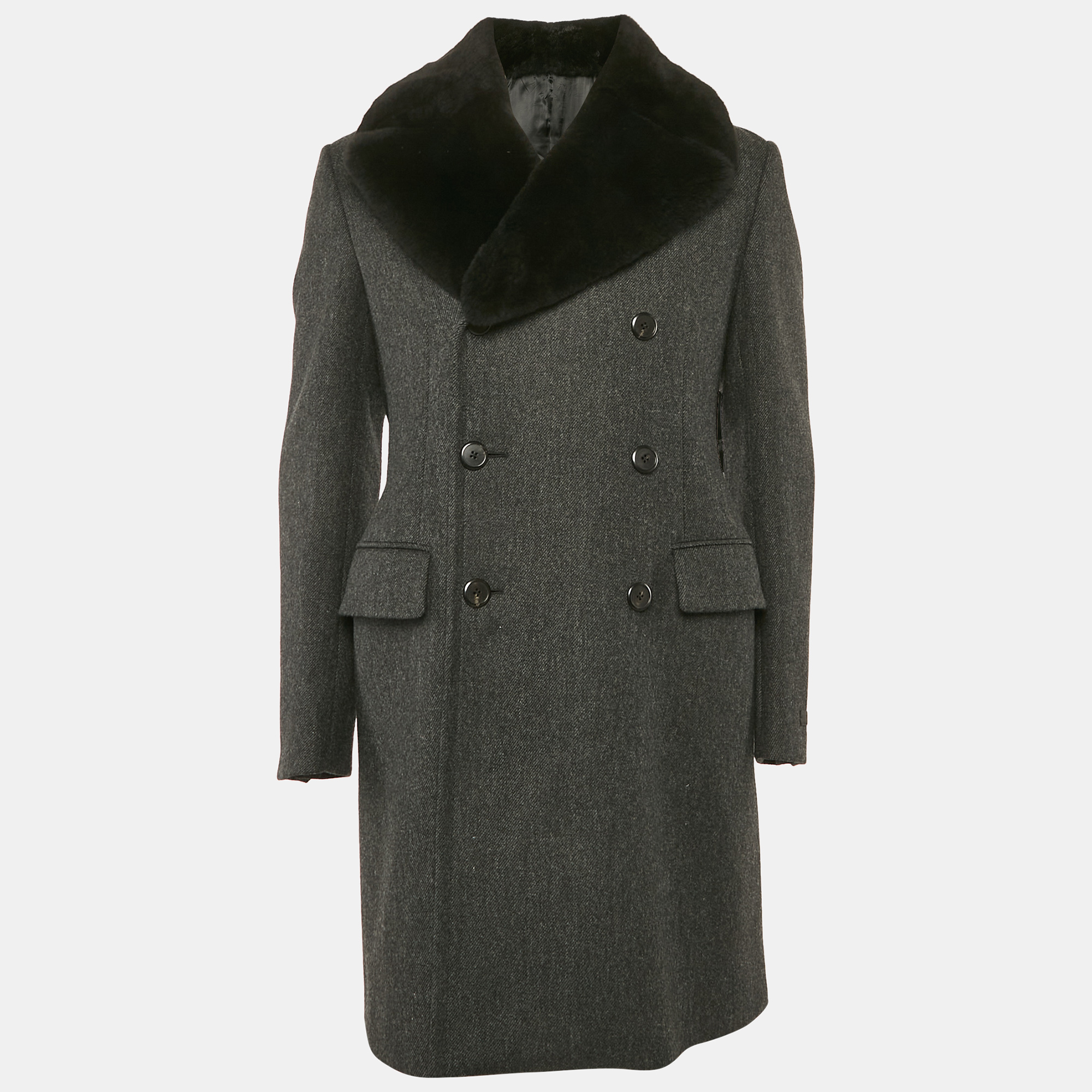 

Prada Charcoal Grey Wool Fur Collar Double Breasted Coat M