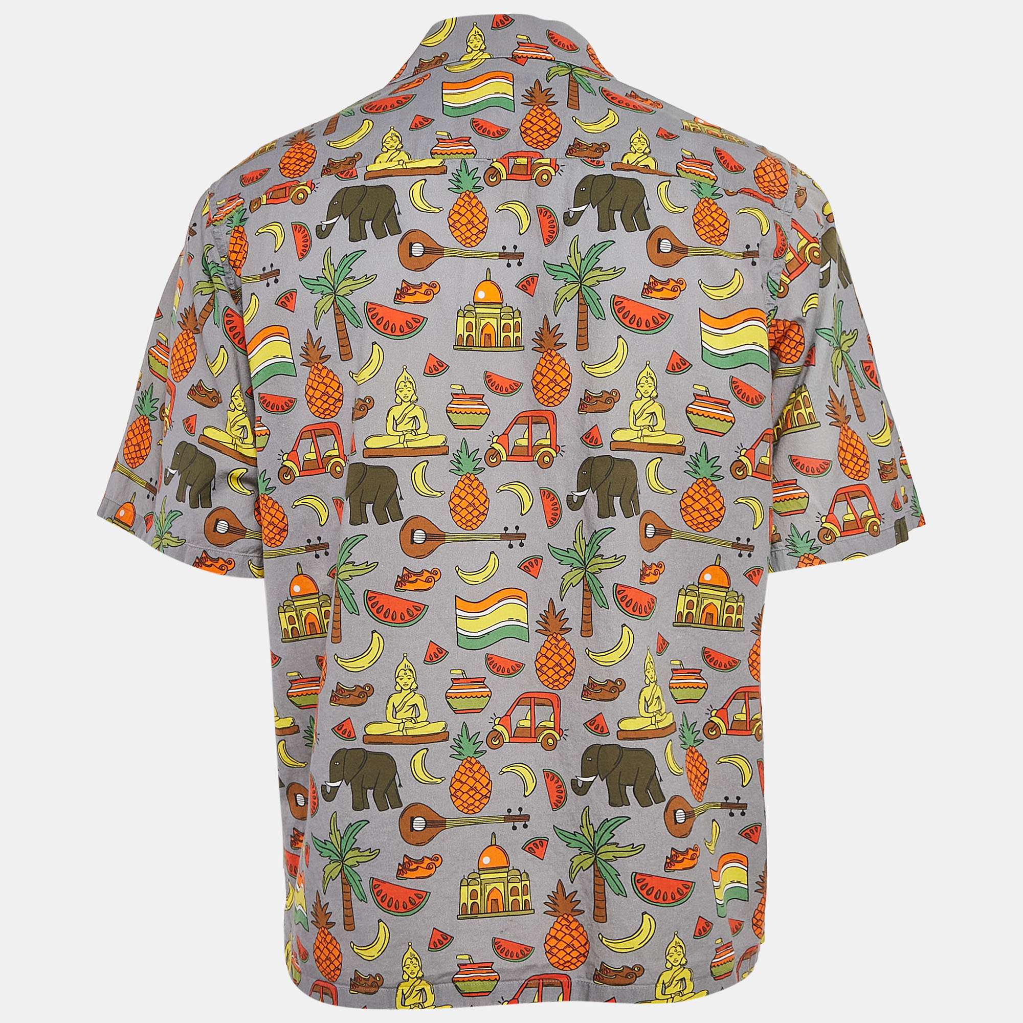 Prada Grey/Multicolor Printed Cotton Bowling Shirt M 