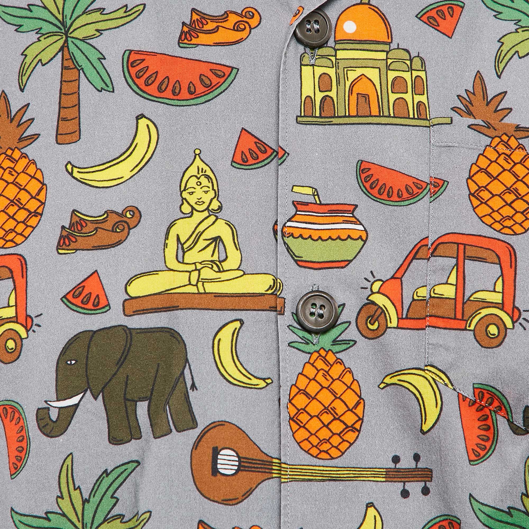 Prada Grey/Multicolor Printed Cotton Bowling Shirt M 