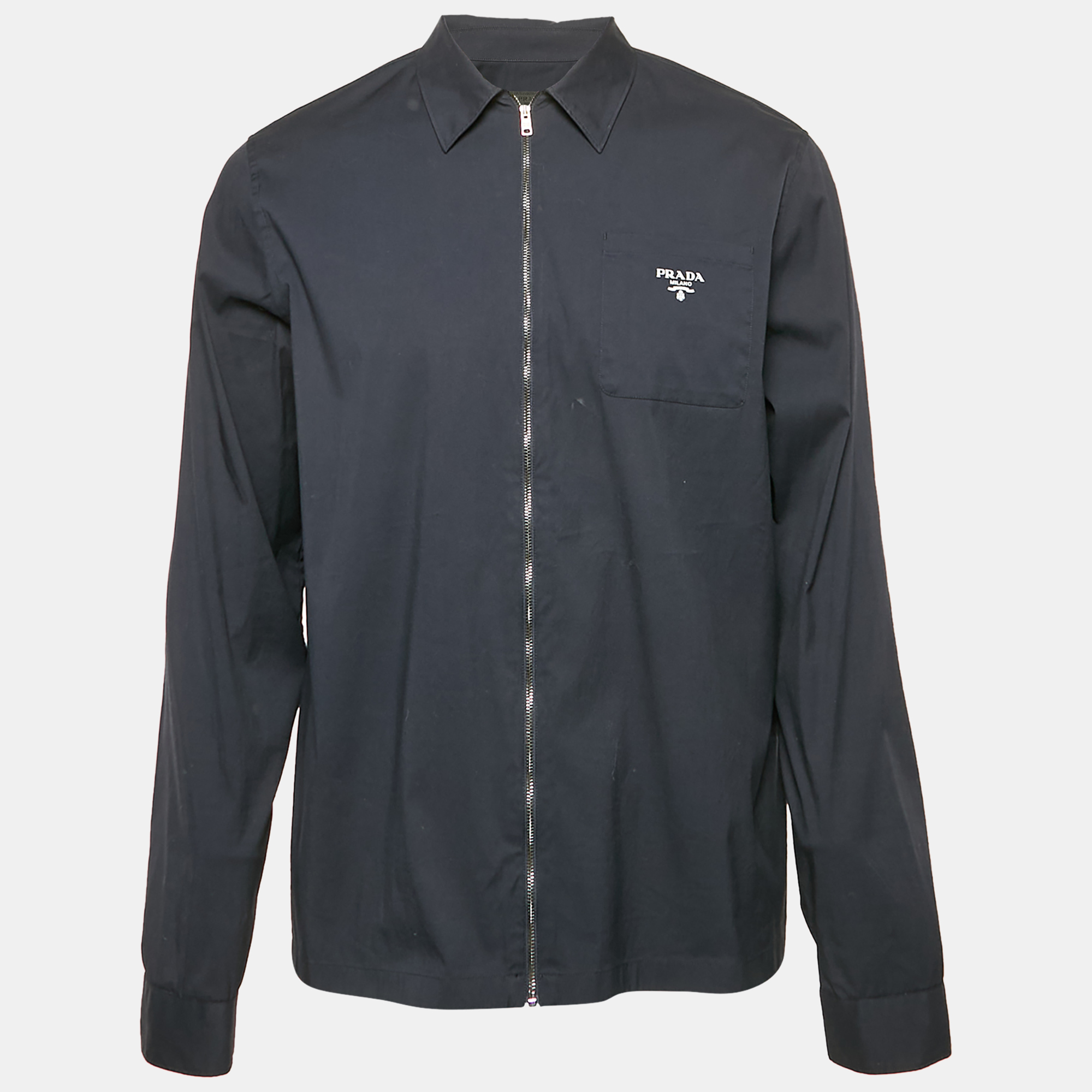

Prada navy Blue Logo Print Cotton Zip-Up Shirt L
