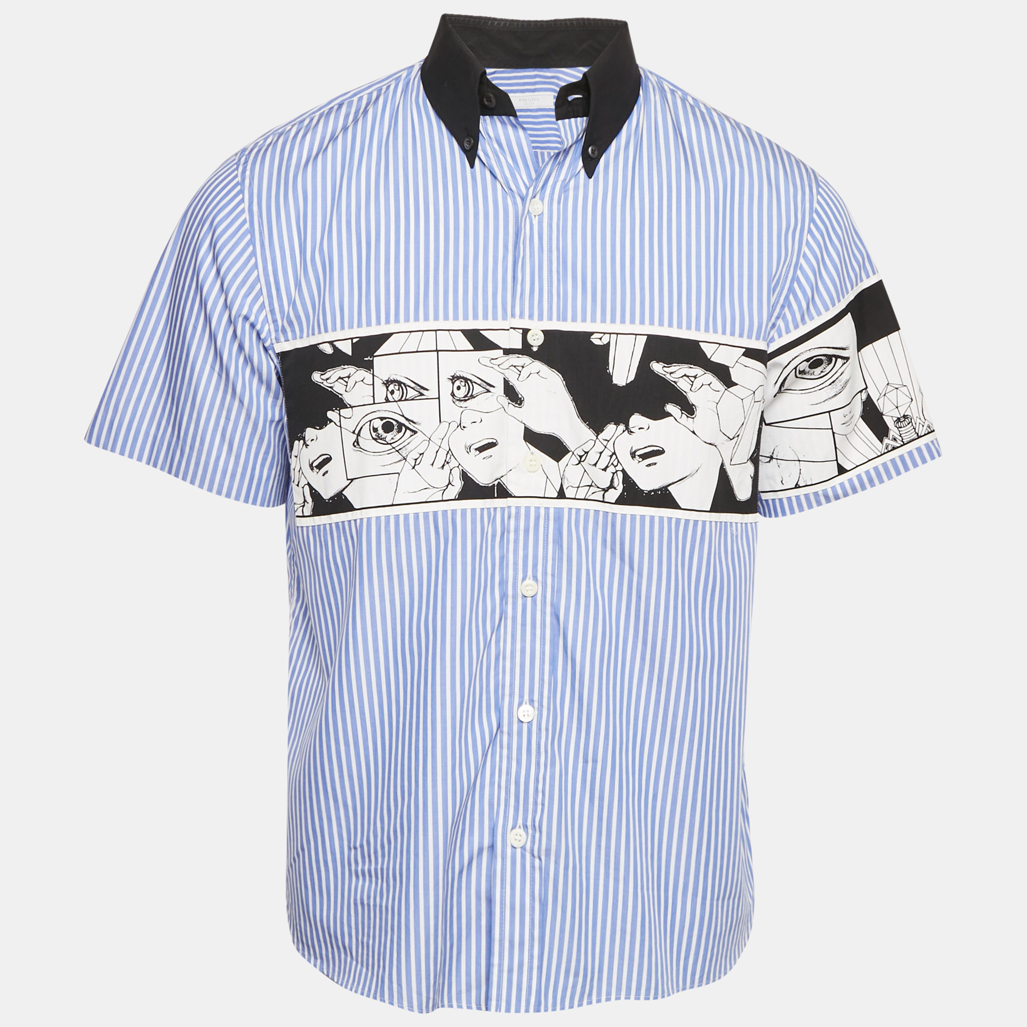 

Prada Blue Comic Print Striped Cotton Short Sleeve Shirt M