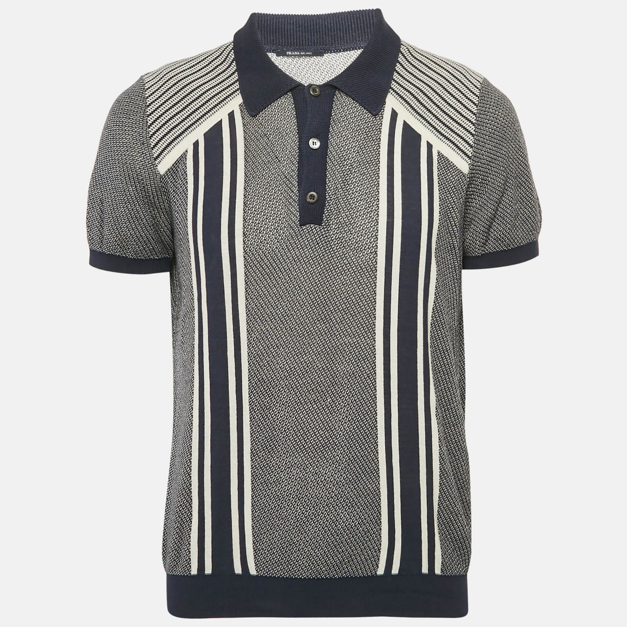 

Prada Navy Blue Striped Knit Fitted Polo T-Shirt XL