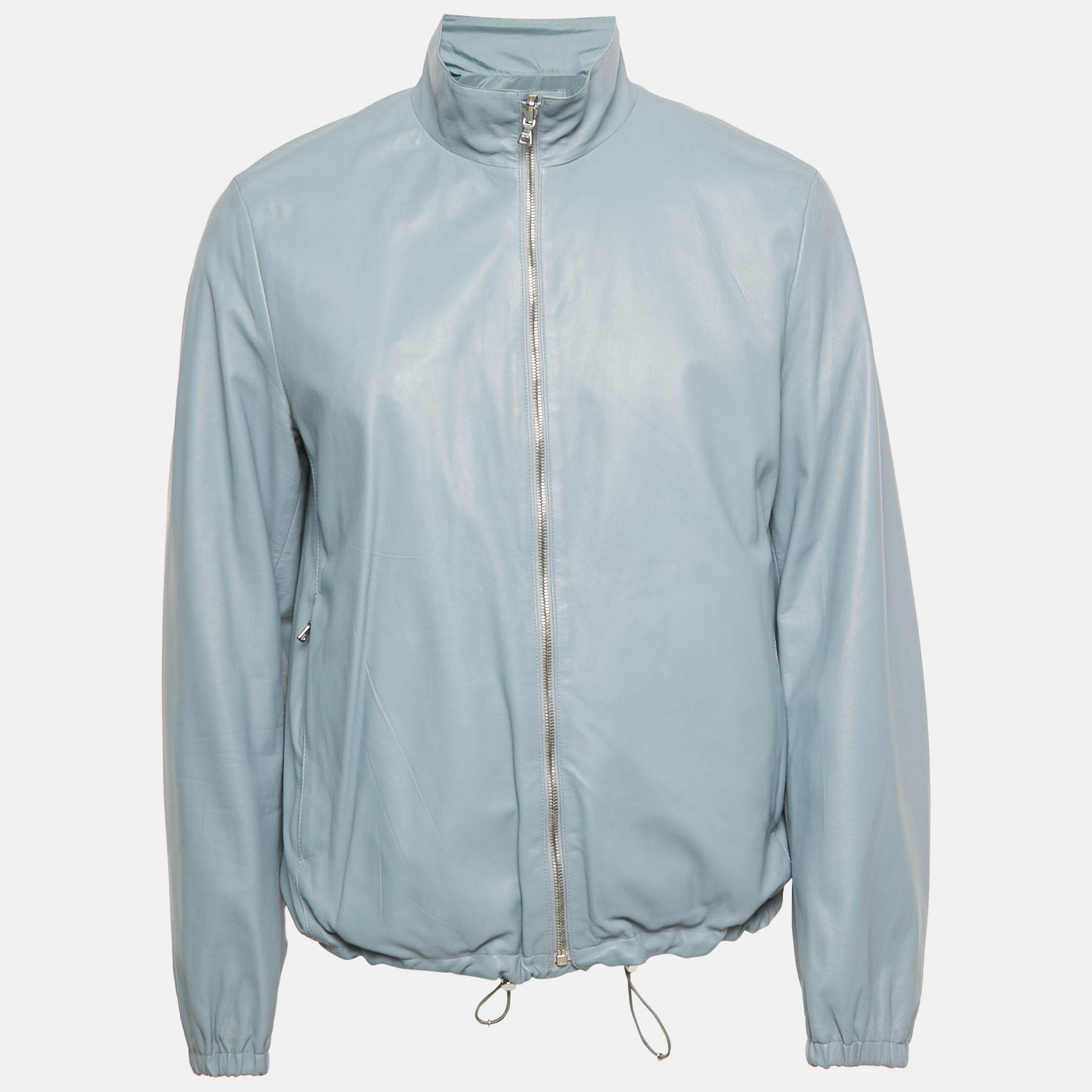 

Prada Powder Blue Leather & Nylon Triangle Logo Reversible Jacket L