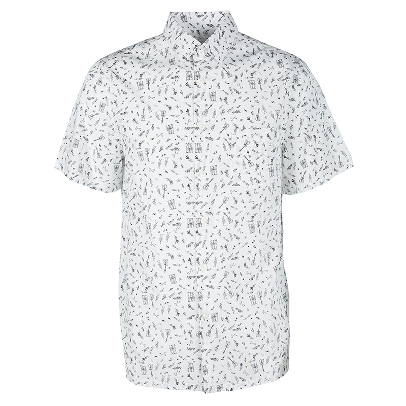 Prada White Printed Cotton Short Sleeve Button Front Shirt L