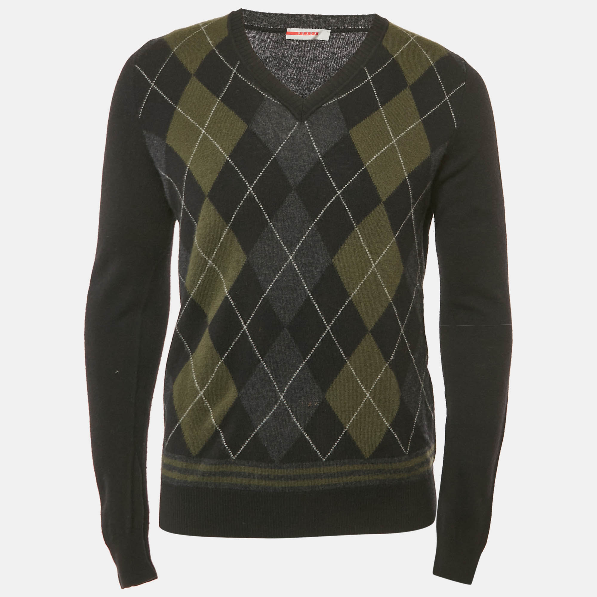 Pre-owned Prada Black Argyle Wool V-neck Long Sleeve Sweater Xl