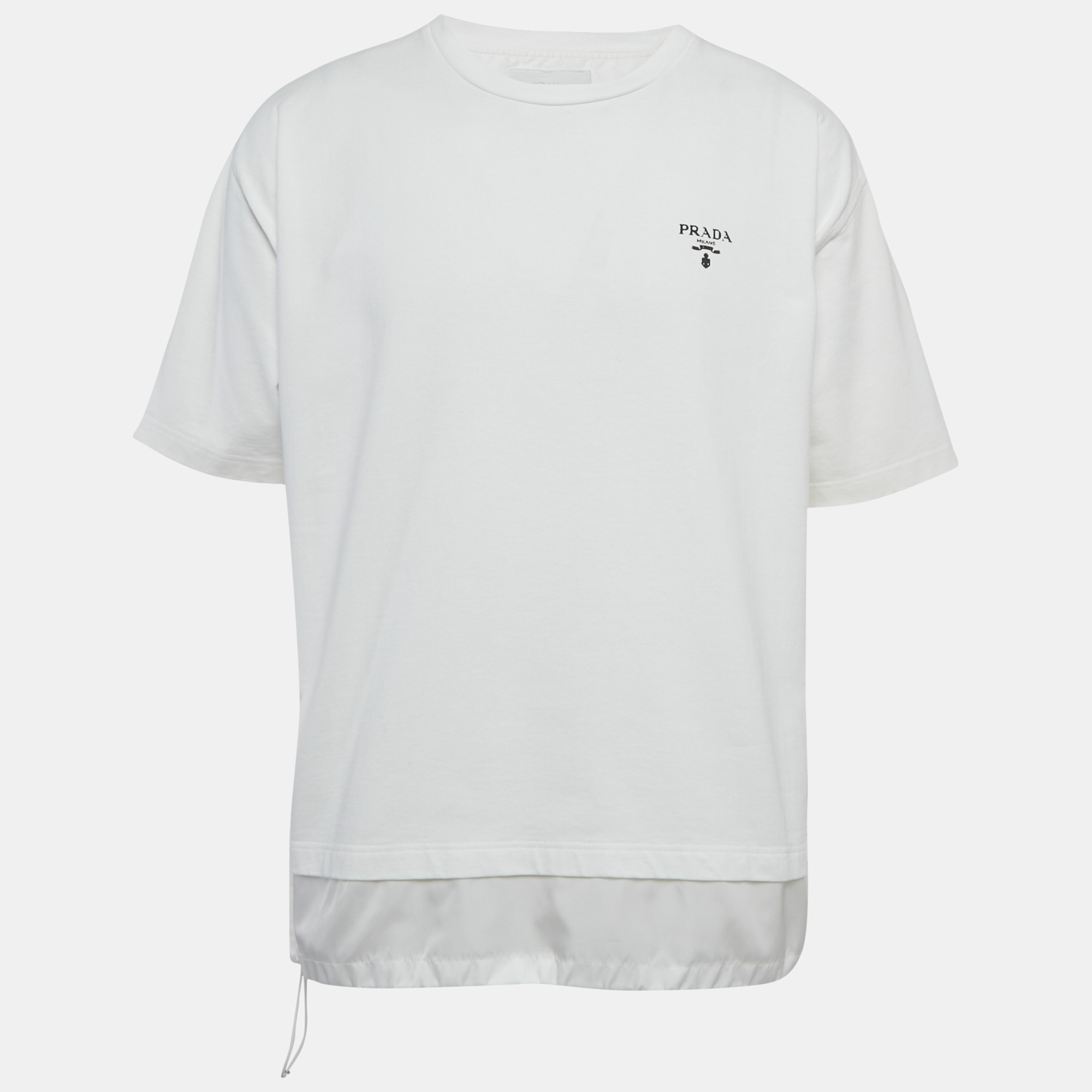 Prada White Logo Print Nylon Trim Jersey T-Shirt XL
