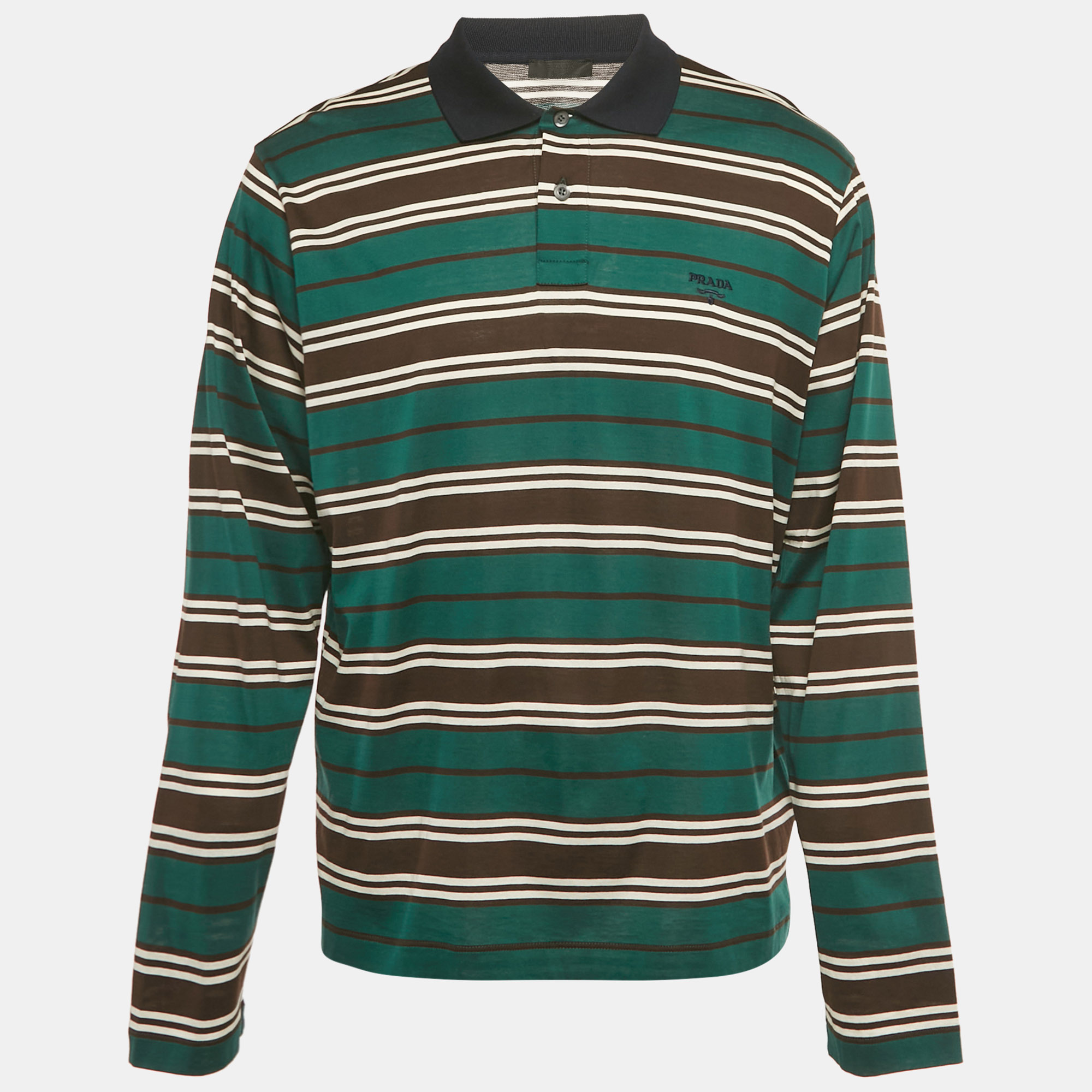 

Prada Green Striped Logo Embroidered Cotton Polo Shirt XL