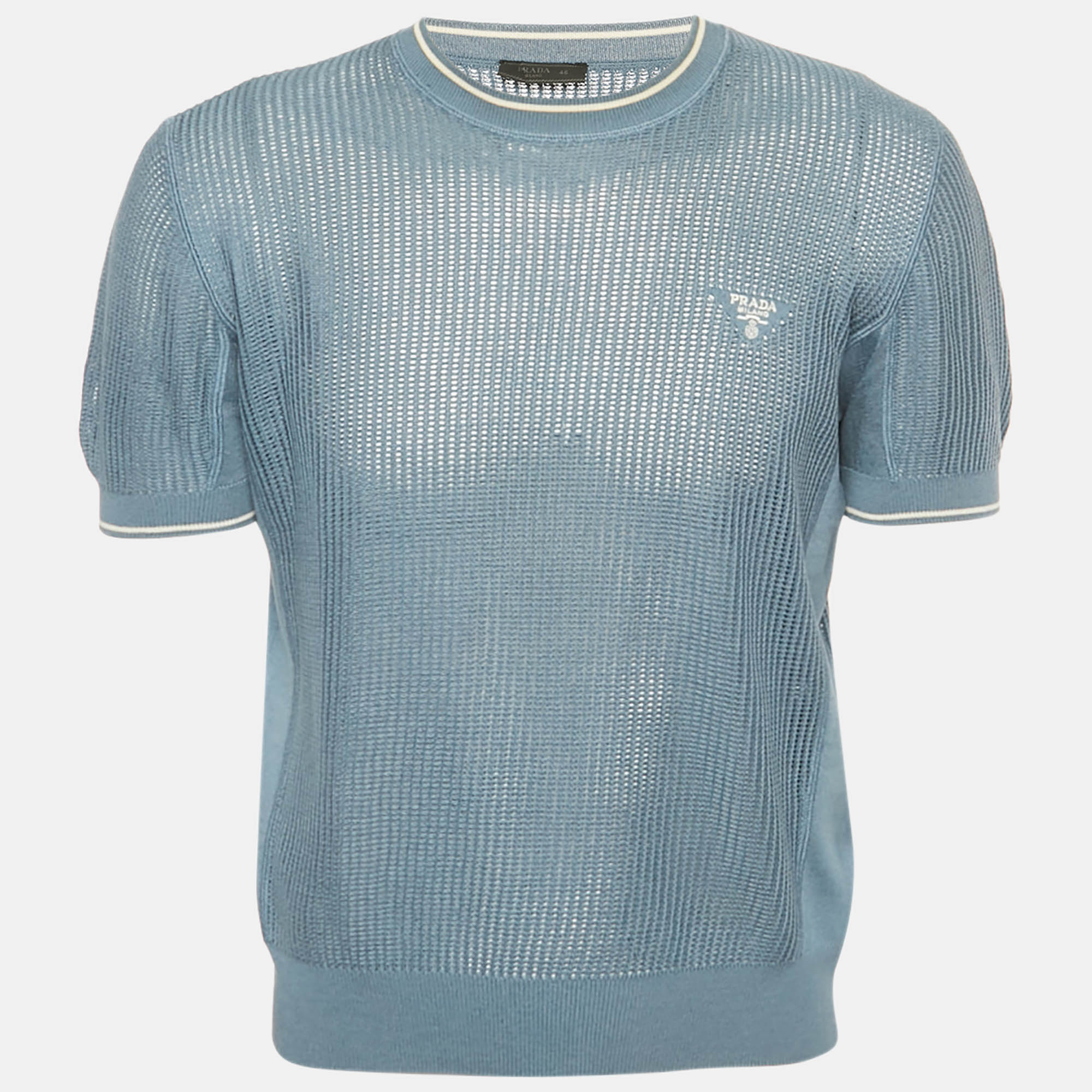 

Prada Slate Blue Logo Embroidered Open Knit T-Shirt S