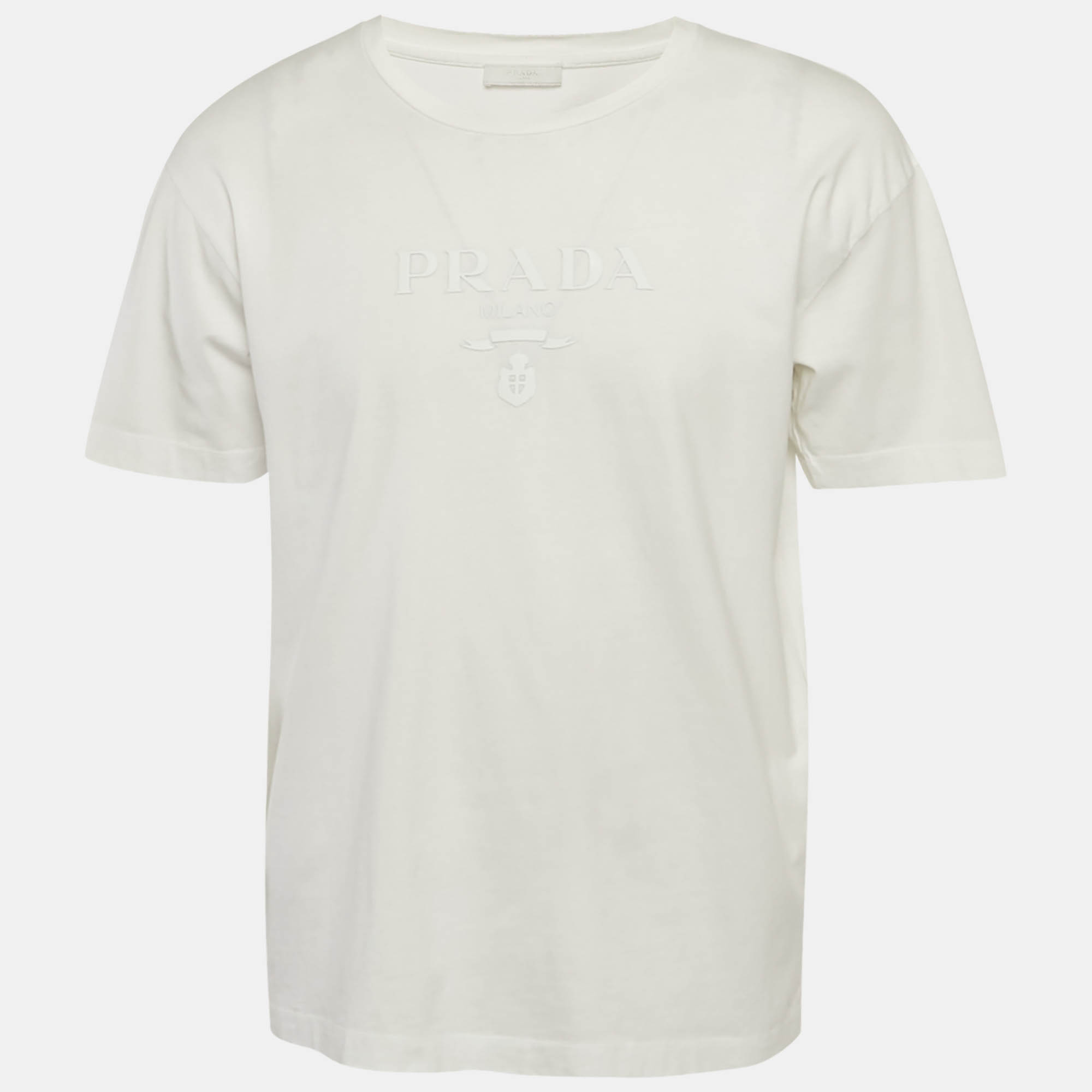 

Prada White Cotton Knit Logo Detail T-Shirt L