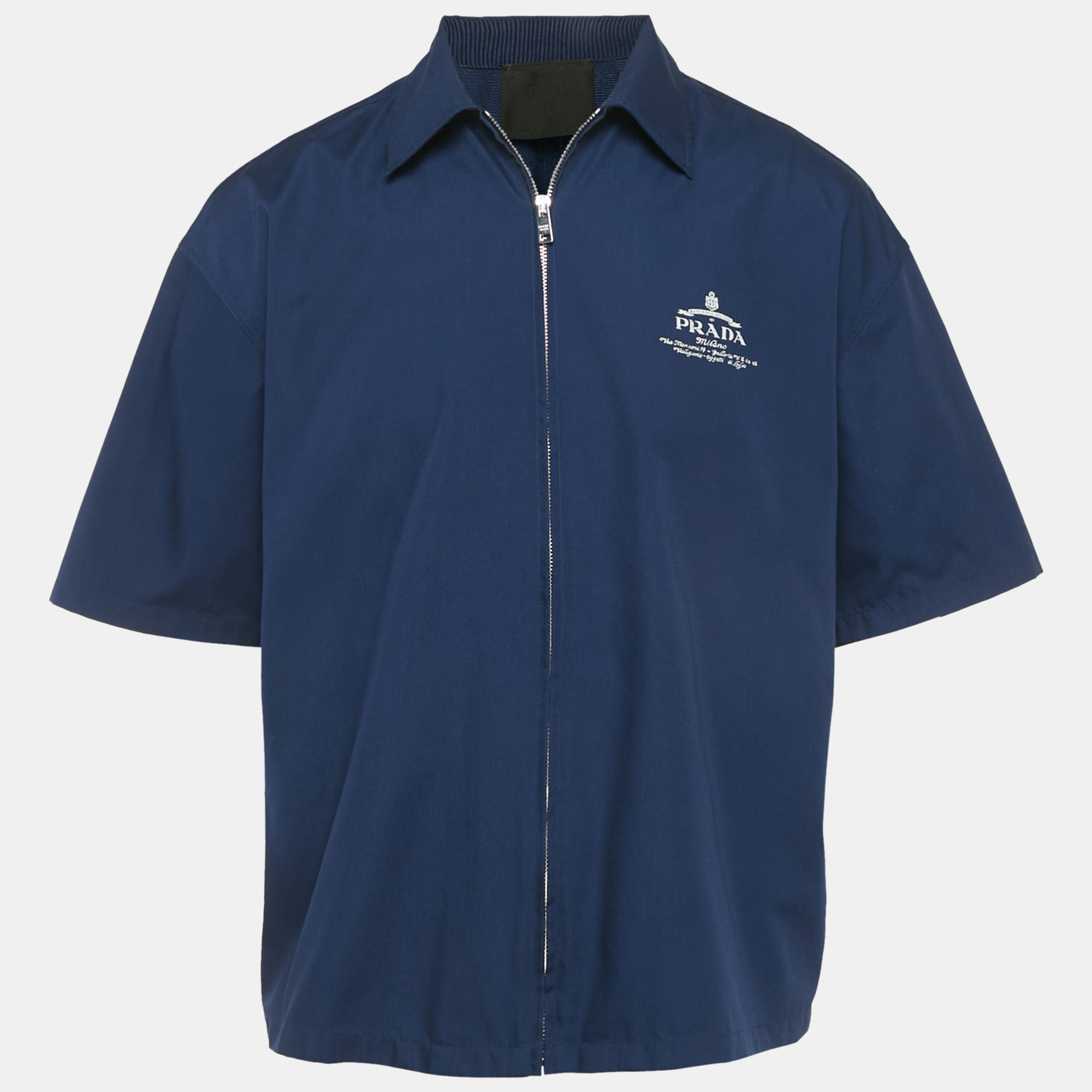 

Prada Blue Cotton Logo Print Short Sleeve Zip Shirt S