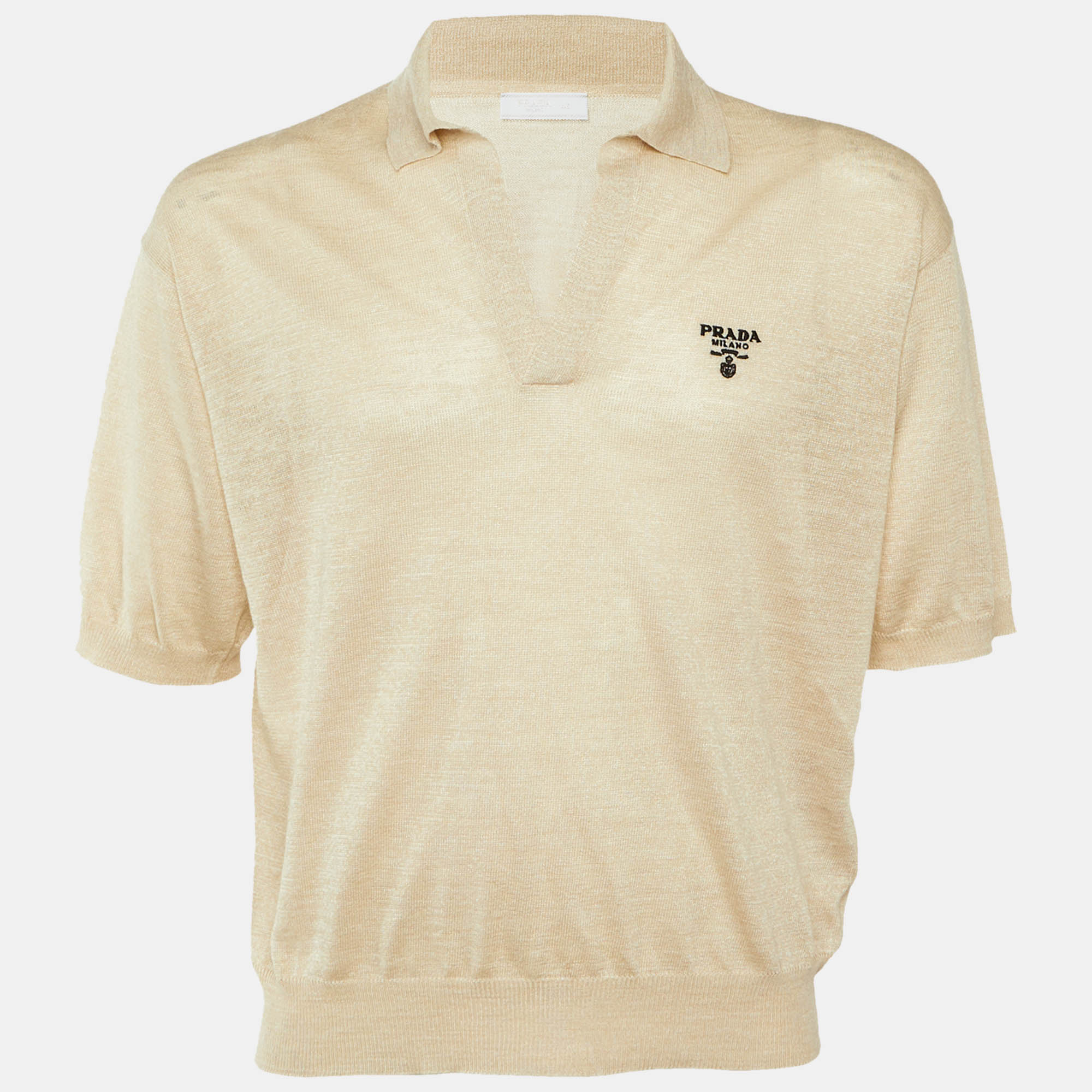 

Prada Beige Melange Silk & Linen Knit Polo T-Shirt S