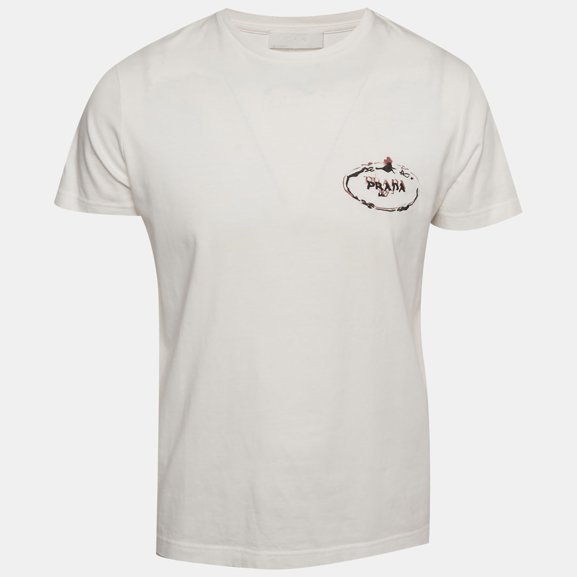 

Prada White Logo Embroidered Jersey Knit T-Shirt L