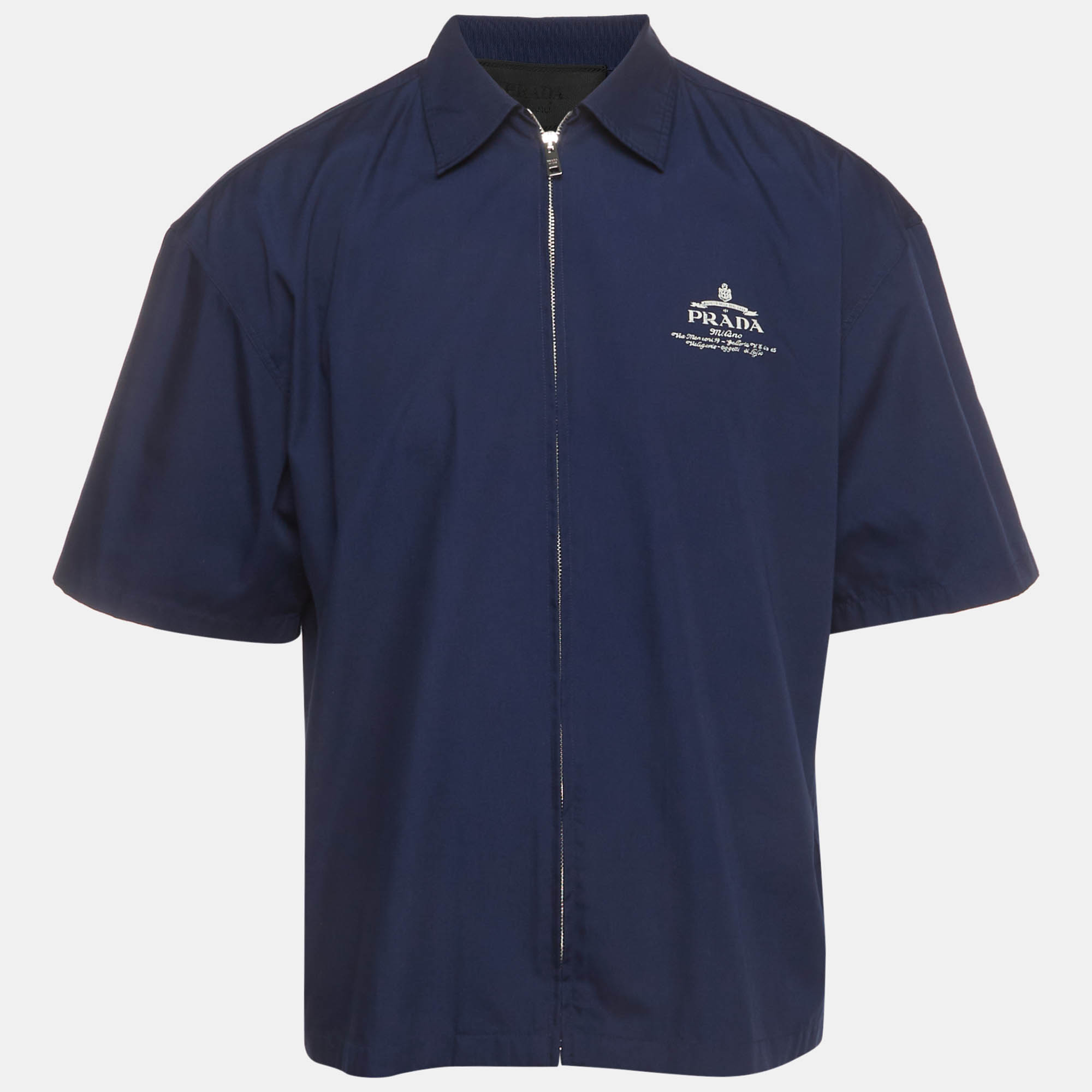 Pre-owned Prada Navy Blue Cotton Blend Short Sleeve Shirt S