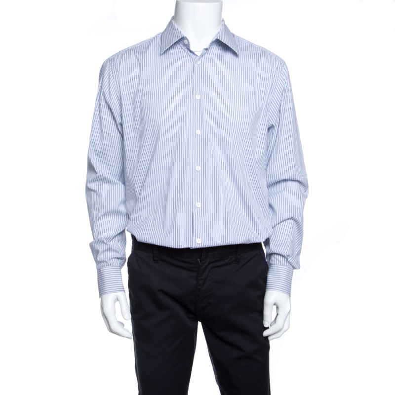 Prada White and Blue Striped Button Front Long Sleeve Shirt XL Prada ...