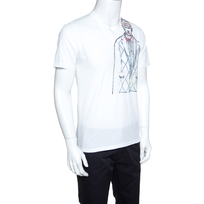 

Prada White Man Sketch Print V-Neck Short Sleeve T-Shirt