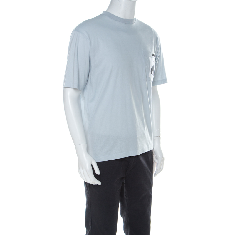 

Prada Pale Blue Cotton Contrast Patch Pocket Crew Neck T Shirt