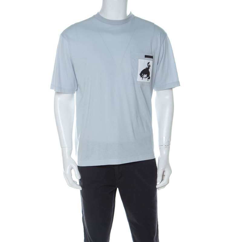 Pre Owned Prada Pale Blue Cotton Contrast Patch Pocket Crew Neck T Shirt L