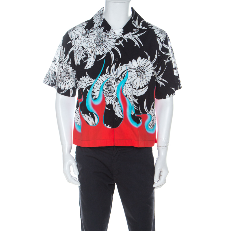 Pre Owned Prada Back & White Printed Cotton Poplin Half Sleeve Shirt S