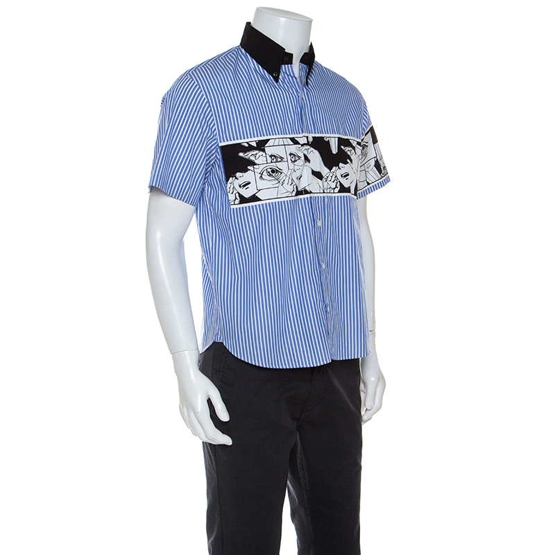 

Prada Blue Comic Print Striped Cotton Short Sleeve Shirt