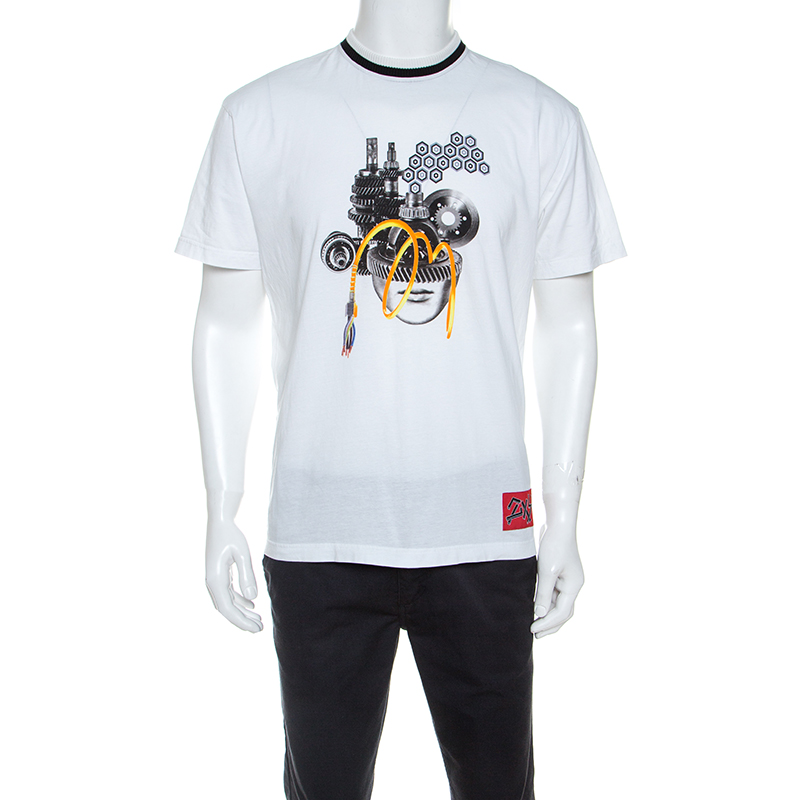 Pre Owned Prada White Cotton Graphic Print Crew Neck T-Shirt M