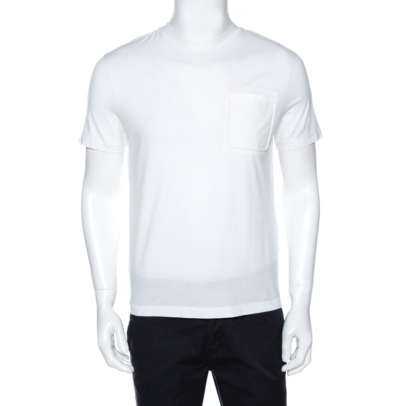 Pre Owned Prada White Stretch Cotton Contrast Hem Detail T-Shirt M