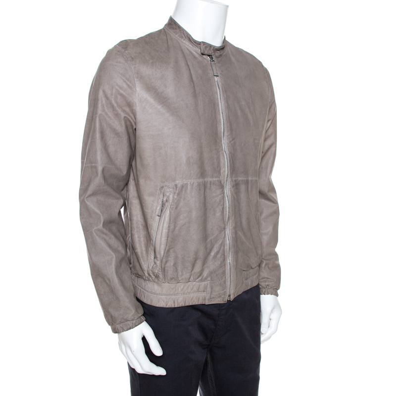 

Prada Grey Leather Zip Front Bomber Jacket