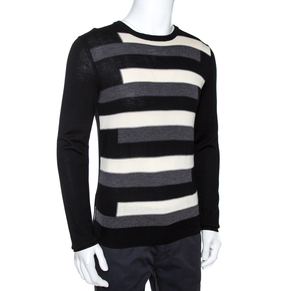 

Prada Tricolor Striped Wool Crewneck Sweater, Black
