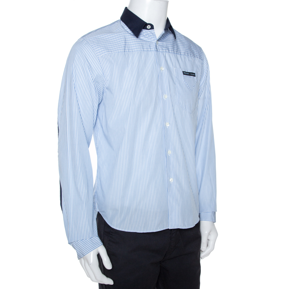 

Prada Blue & White Striped Cotton Contrast Trim Long Sleeve Shirt