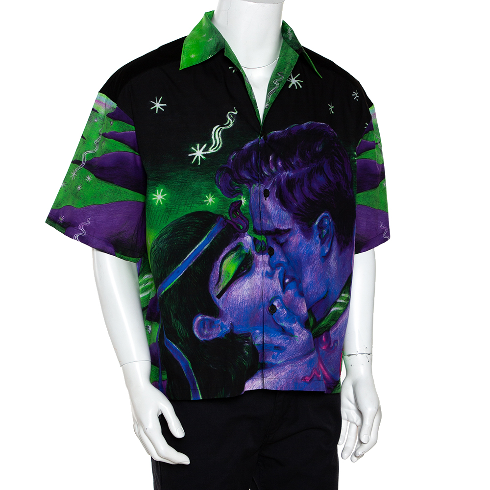 Prada Multicolor Impossible True Love Print Cotton Bowling Shirt M