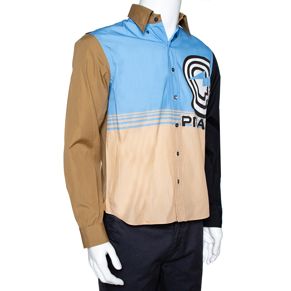 

Prada Beige Color Block Vertigo Print Cotton Long Sleeve Shirt