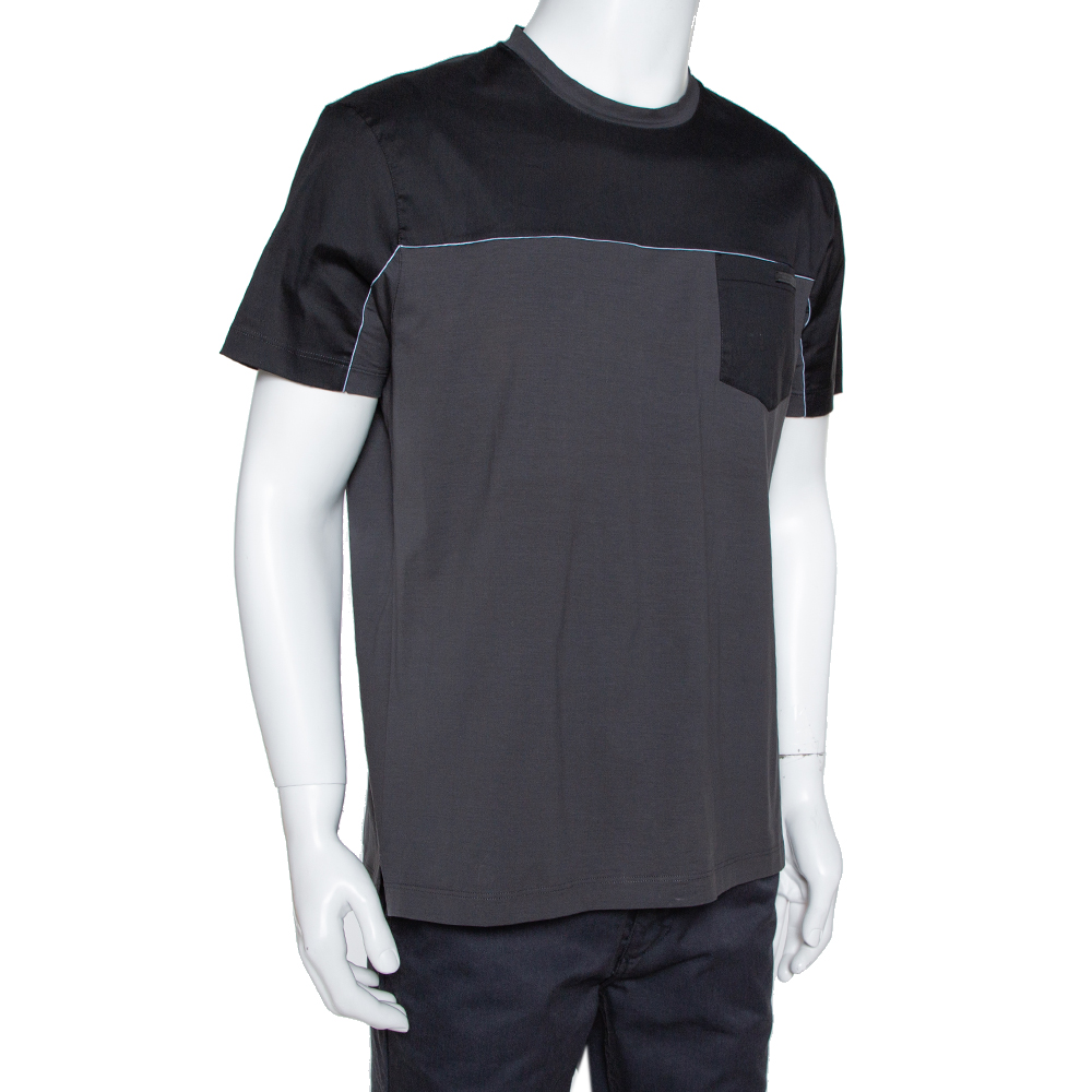 

Prada Charcoal Grey Stretch Cotton Paneled Crew Neck T-Shirt