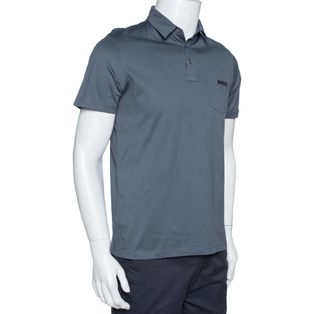 

Prada Slate Grey Cotton Pocket Detail Polo T Shirt
